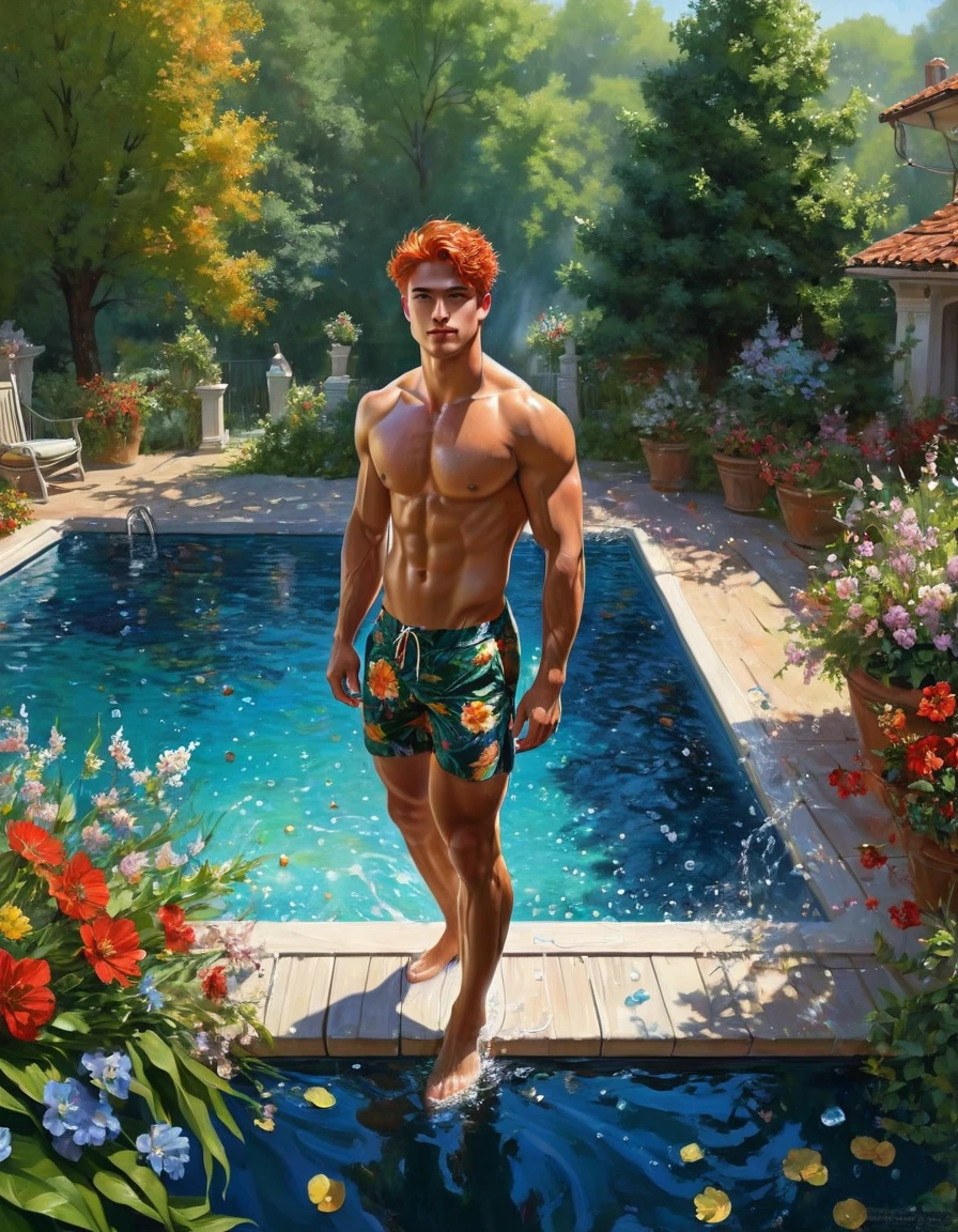 in oil painting romanticism and realism style, cleaning the pool, highly decorated with trees and flowers of many colors, very hot midday sun, Drops of sweat fall down his slender muscular body, look and humble smile., shirtless barefoot wearing shorts, environment of wealth and power, very detailed scene. Red hair, blue eyes, maximum male beauty perfect symmetrical body, slim muscular, focus on the details of your body,