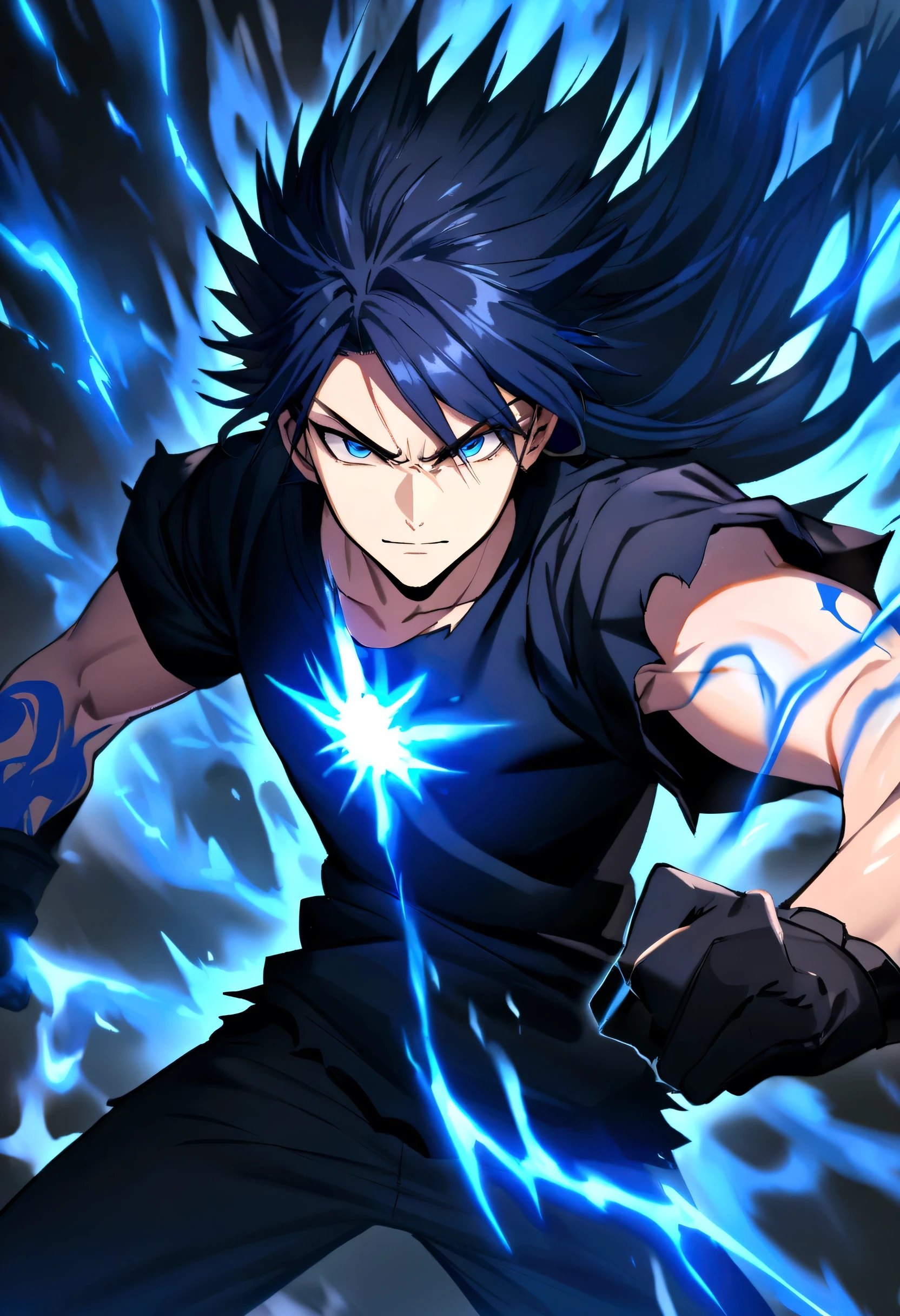 teenage boy, spiky hair, long hair, shiny dark blue hair, serious face, simple smile, black short-sleeved ripped shirt with bright dark blue eyes, black gloves, blue tattoos on body, intense blue electric aura