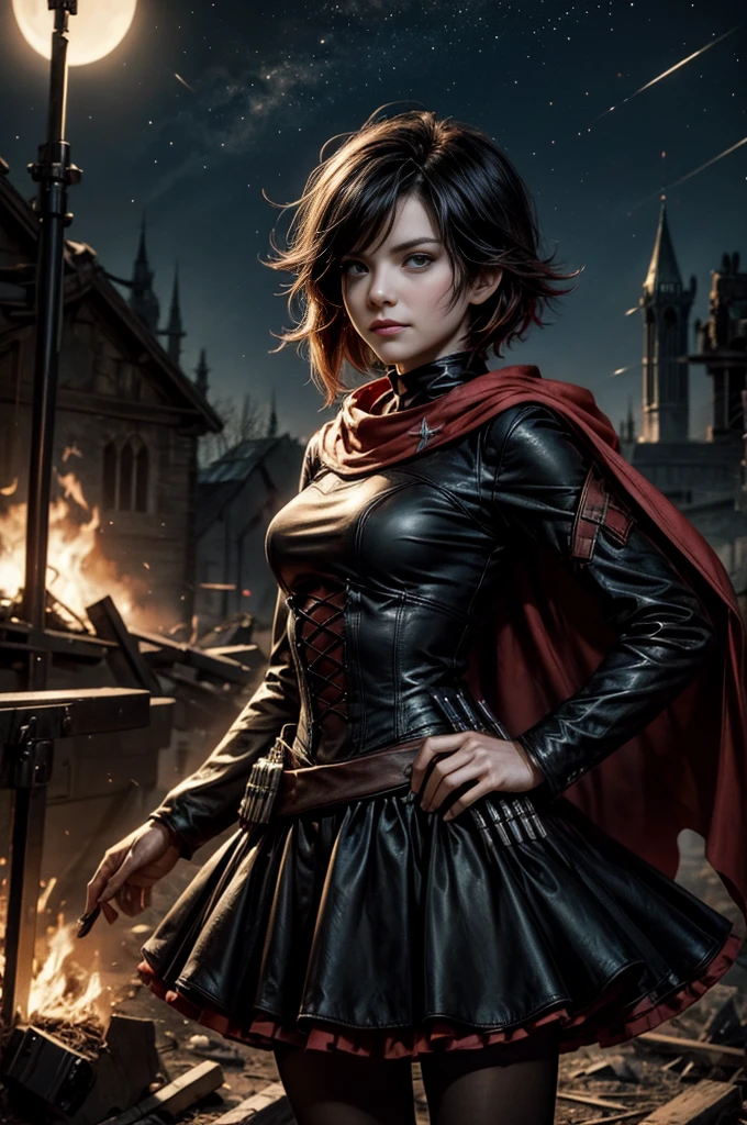 (masterpiece, best quality:1.2), cowboy shot, solo, dynamic pose, 1girl, ruby rose, grin, looking at viewer, arms behind back, black dress, long sleeves, red cape, pantyhose, standing, in deserted, church, bonfires, debris, dusty old furniture, crowd with rifles searching, (crowd in military uniforms), night, stars, closed mouth, serious look, serious expression, post-apocalypse, dystopian future