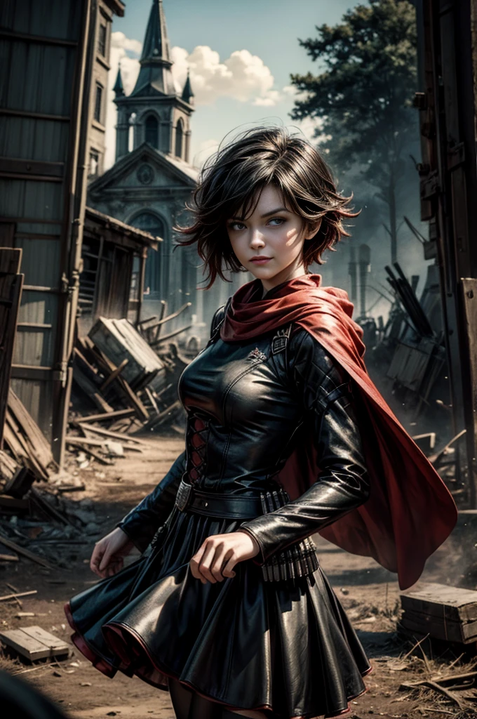 (masterpiece, best quality:1.2), cowboy shot, solo, dynamic pose, 1girl, ruby rose, grin, looking at viewer, arms behind back, black dress, long sleeves, red cape, pantyhose, standing, in deserted, church, bonfires, debris, dusty old furniture, crowd with rifles searching, (crowd in military uniforms), night, stars, closed mouth, serious look, serious expression, post-apocalypse, dystopian future