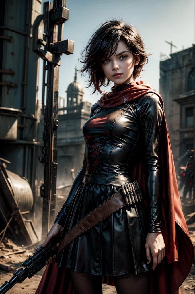 (masterpiece, best quality:1.2), cowboy shot, solo, dynamic pose, 1girl, ruby rose, grin, looking at viewer, arms behind back, black dress, long sleeves, red cape, pantyhose, standing, in deserted, church, bonfires, debris, dusty old furniture, crowd with rifles searching, (crowd in military uniforms), night, stars, closed mouth, serious look, serious expression, post-apocalypse, dystopian future