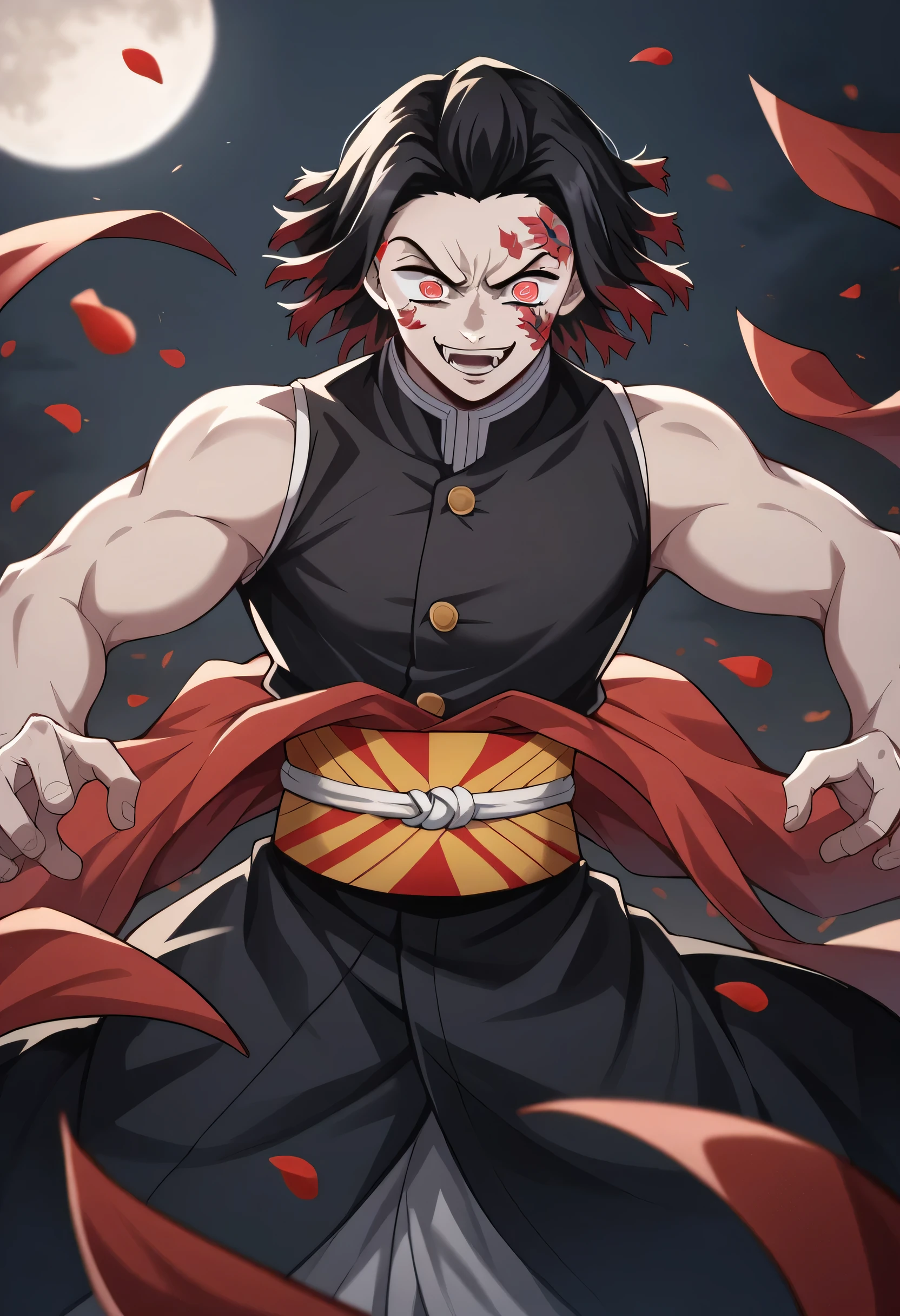 Kimetsu no Yaiba style, 1 male, boy, black face markings, face tattoos, red eyes, a demon, handsome, medium hair, black hair, black hair with red tips, medium black hair, stylized hair, medium hair, excited expression, smiling, upper moon Demon, holding an obi sash, wearing black demon slayer uniform, black clothing, holding an obi sash, medium body type, japanese letter as eye pupil, powerful, fangs, dynamic pose, ready to fight, attack, Absurd, High resolution, Super detailed, High resolution, masterpiece, Highest quality, Red petals, red lily, Red Moon, inflammation, background