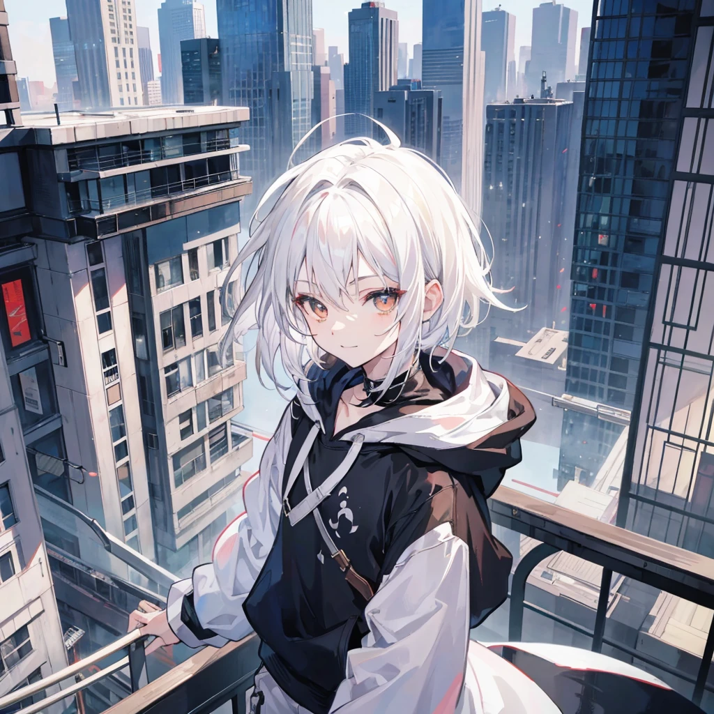 Anime boy, boy, white hair, short hair, smiling, with brown eyes, wearing a white contrast sleeve hoodie that has black sleeves, head tilted to the viewpoint, looking at the viewpoint, in a urban area setting like a city