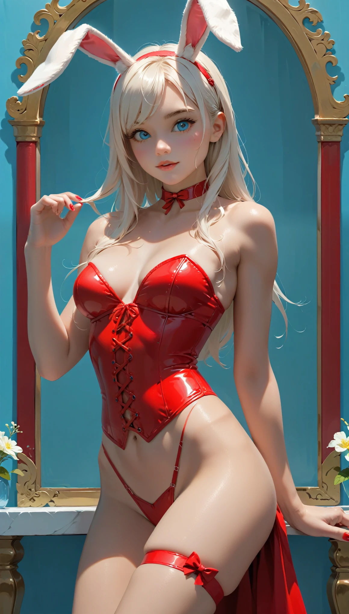 Highest quality、masterpiece、One Girl、Very beautiful woman、Bunny girl、Wearing a red corset、constrained、Beautiful woman with perfect figure、Slim Abs、eroticism、slave、Rubbery、Extremely delicate facial and skin texture、Highly detailed eyes、Nude beauty、artistic