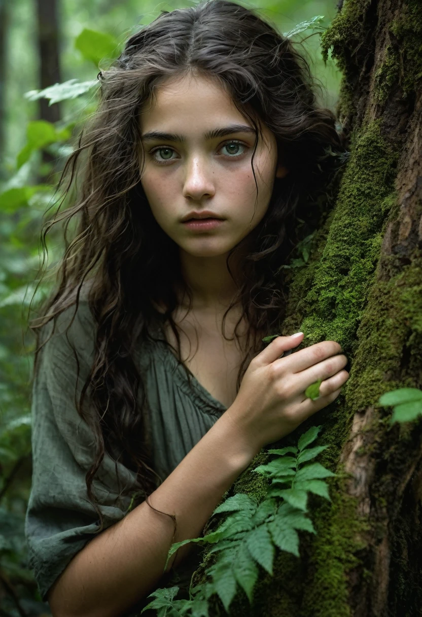 A 19-year-old girl, her once vibrant eyes now haunted with the weight of weeks spent lost in the dense, ancient forest. Her clothes are tattered and stained, barely clinging to her slender frame, which is now sculpted by fear and desperation. The girl's delicate hand clutches onto a rough tree trunk, her knuckles white with the effort of maintaining her precarious grip on the small rock ledge beneath her. Her hair, once a cascade of soft curls, is now a wild tangle of leaves and dirt, plastered to her sweat-soaked forehead. Her posture is a testament to her unyielding spirit, despite the exhaustion etched into every line of her body. Through the thick veil of foliage and shadows, a sliver of hope pierces the gloom: a distant clumping of houses, their smoky chimneys hinting at warmth and civilization. The girl's gaze is transfixed upon this beacon, her eyes alight with a flicker of hope that battles the despair. The stark contrast between the foreboding wilderness and the promise of human refuge creates a powerful narrative of survival and the human instinct to find solace amidst adversity. The vivid greens and earthy tones of the forest frame the image, while the faint glow of the village lights below casts a warm, inviting hue, guiding the viewer's gaze to the focal point of the girl's salvation. The composition captures the stark reality of her plight and the tantalizing proximity of her deliverance, leaving the audience to ponder the next chapter of her harrowing journey.