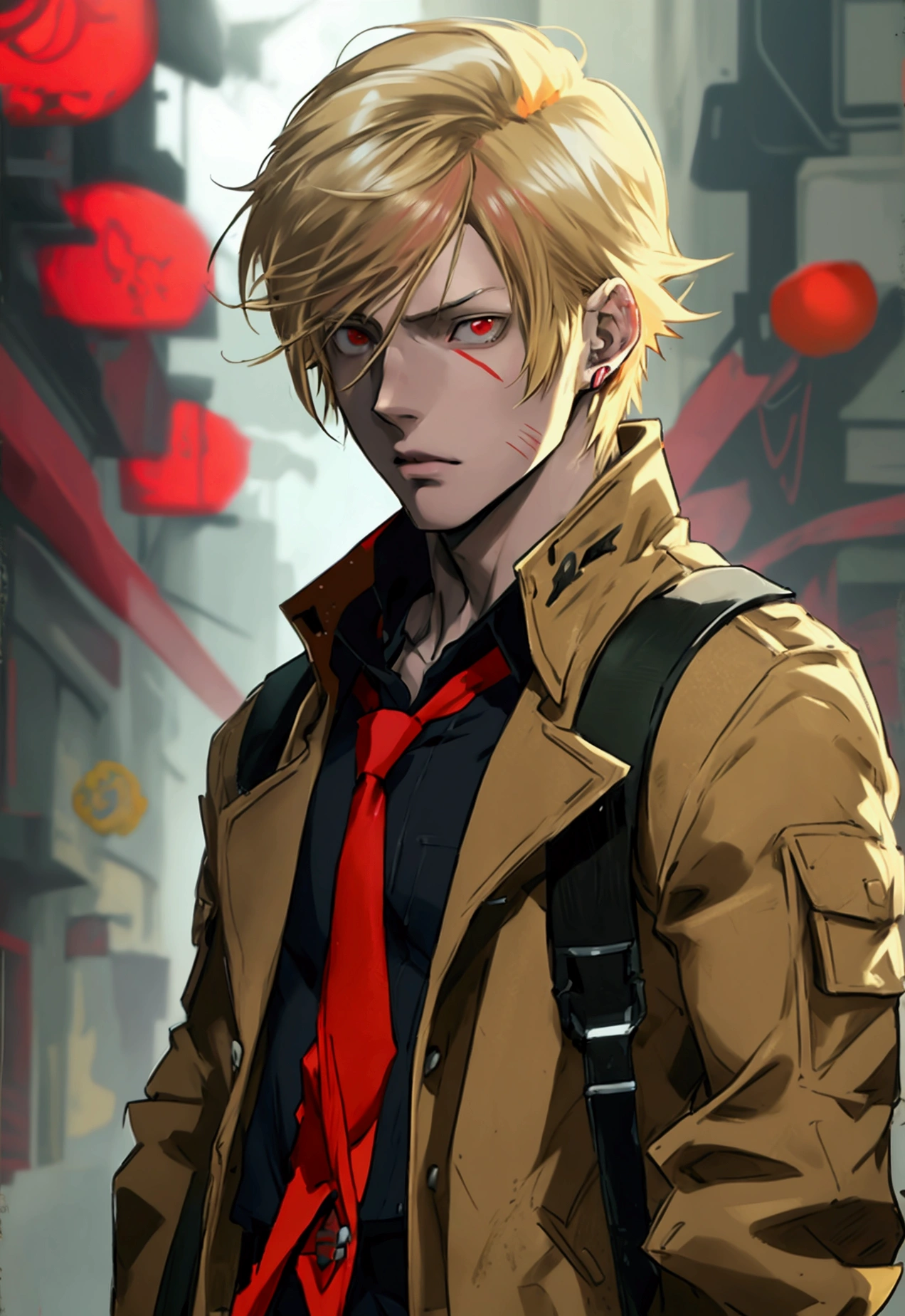 ((Full body concept art of an anime hadnsome young man wearing a beige university with a red tie)), ((light blonde hair)), ((pale skin)), (Leon Kennedy), red eyes, anime cyberpunk character, gloves, anime character sheet, character concept, character walking, full body concept, single character full body, male protagonist 👀 :8, anime style character, anime character, fighting game character,