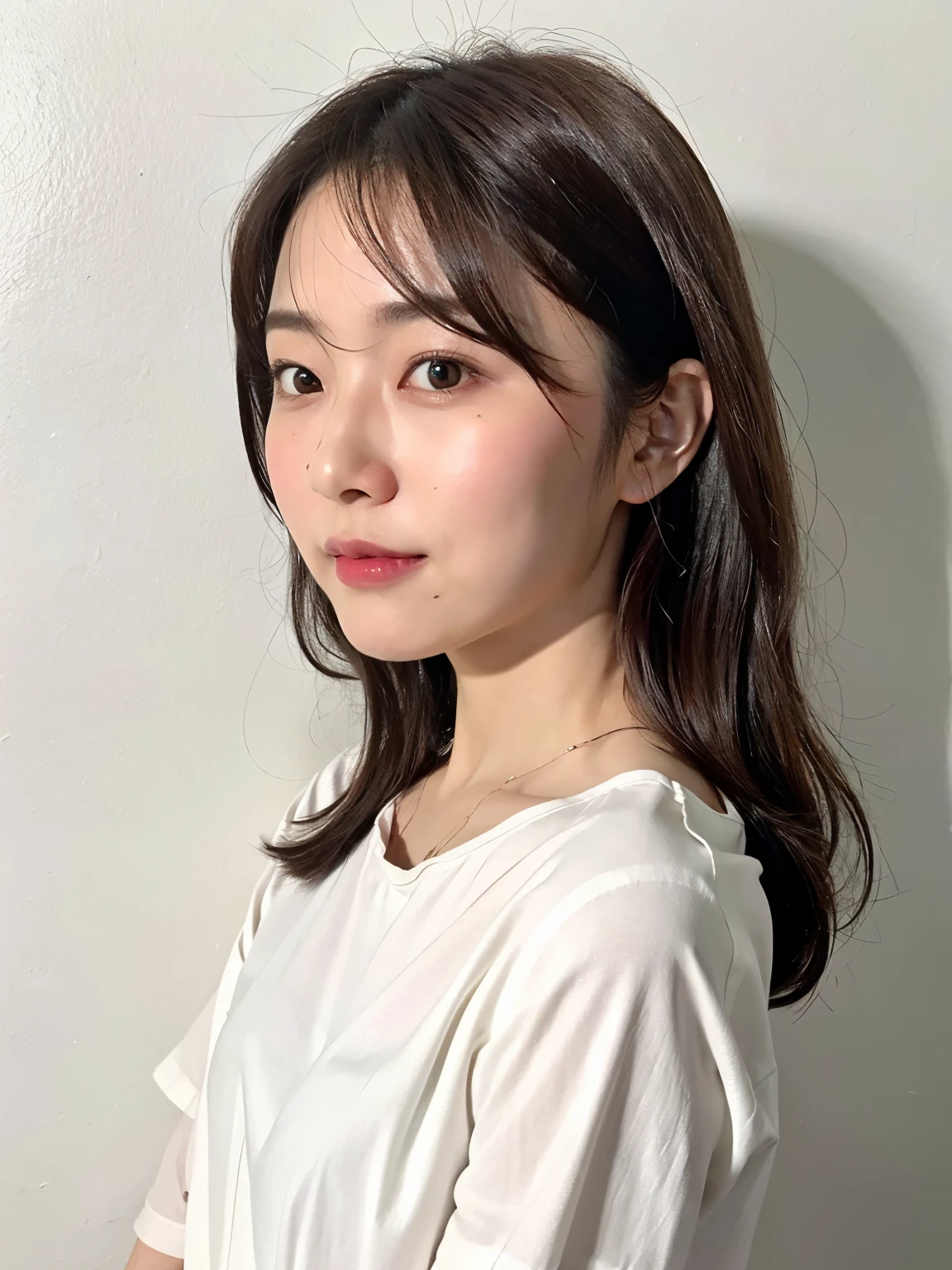 Short sleeve shirt、40A slightly overweight Japanese woman in her twenties、(White wall in the background、Gray Hair)、profile、Photographed in front of a white wall、Layered Cut、Very delicate hair、(In a room with white walls and windows)、((Highest quality、8k、masterpiece:1.3))、Ultra-high resolution、(photoGenuineistic:1.4)、RAW Photos、Japanese,(detailed aspects)、Genuine、Photographed in natural light、Highly detailed face and skin texture、Highly detailed lips、The correct state of the human body、Medium Hair、Various poses、Natural color lip
