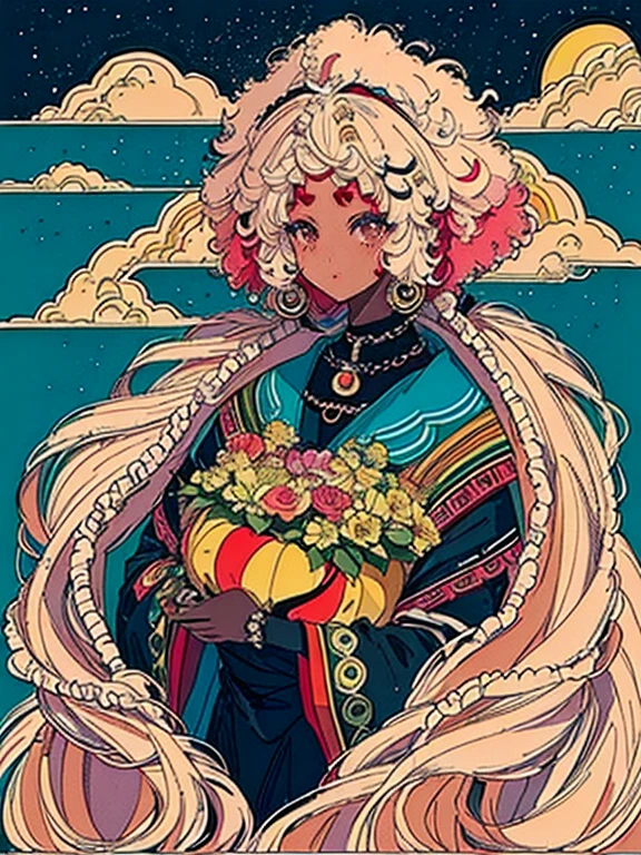 (masterpiece、Highest quality、Highest quality、Afrocentricpaiting(Afro)、African American Official Art、Beautiful and aesthetic black skin:1.2)、(One Girl:1.3)、(Fractal Art:1.3)、whole body、Looking at the audience、pattern、(Rainbow Hair、Colorful Hair、African Ink、cloud、Starry Sky、performer、Rough Kanji、