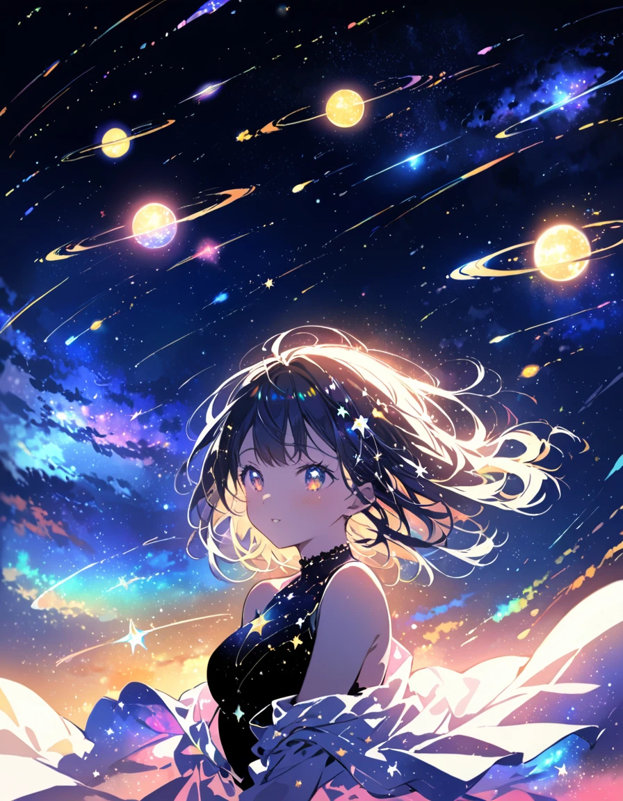 Attention to detail, Super Detail, Ultra-high resolution, A girl having fun in a dream galaxy, Surrounded by stars, The warm light that shines on her, The background depicts a starry sky with colorful galaxies and galactic clouds, The stars fly around her, Delicate face, Add some fun ,