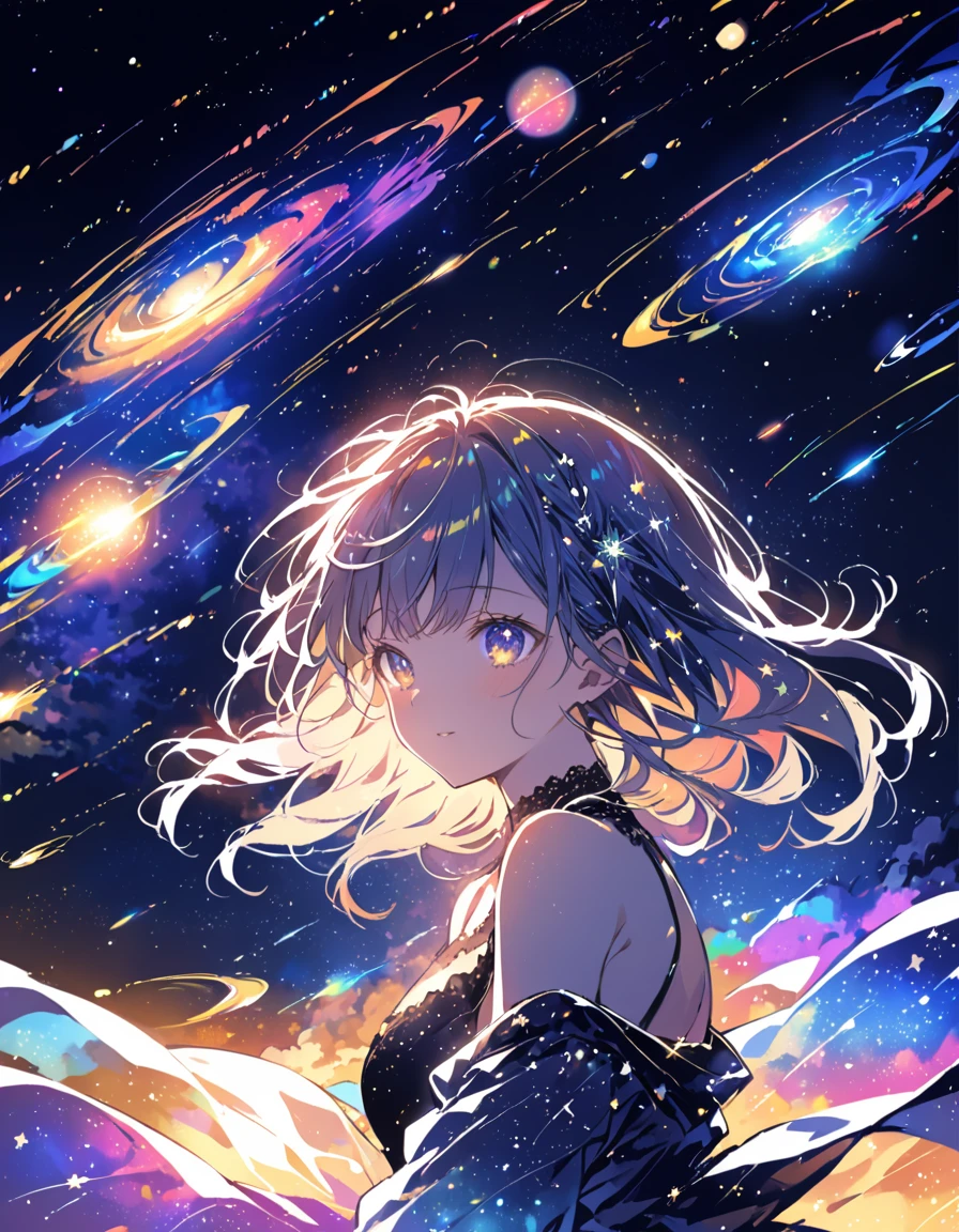 Attention to detail, Super Detail, Ultra-high resolution, A girl having fun in a dream galaxy, Surrounded by stars, The warm light that shines on her, The background depicts a starry sky with colorful galaxies and galactic clouds, The stars fly around her, Delicate face, Add some fun ,
