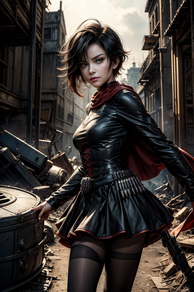 (masterpiece, best quality:1.2), cowboy shot, solo, dynamic pose, 1girl, ruby rose, grin, looking at viewer, arms behind back, black dress, long sleeves, red cape, pantyhose, standing, in deserted, church, bonfires, debris, dusty old furniture, crowd with rifles searching, (crowd in military uniforms), night, stars, closed mouth, serious look, serious expression, post-apocalypse, dystopian future