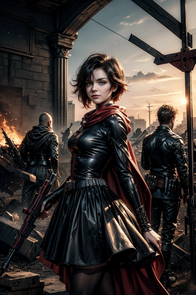 (masterpiece, best quality:1.2), cowboy shot, solo, dynamic pose, 1girl, ruby rose, grin, looking at viewer, arms behind back, black dress, long sleeves, red cape, pantyhose, standing, in deserted, church, bonfires, debris, dusty old furniture, crowd with rifles searching, (crowd in military uniforms), night, stars, closed mouth, serious look, serious expression, post-apocalypse, dystopian future