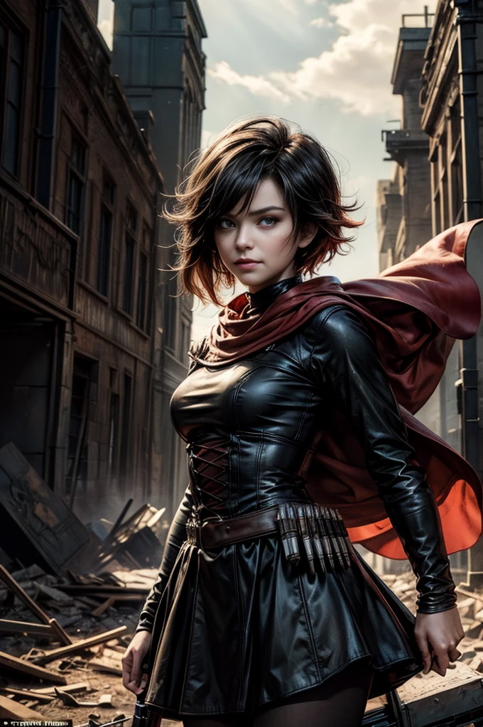 (masterpiece, best quality:1.2), cowboy shot, solo, dynamic pose, 1girl, ruby rose, grin, looking at viewer, arms behind back, black dress, long sleeves, red cape, pantyhose, standing, in deserted, church, bonfires, debris, dusty old furniture, crowd with rifles searching, (crowd in military uniforms), night, stars, closed mouth, serious look, serious expression, post-apocalypse, dystopian future