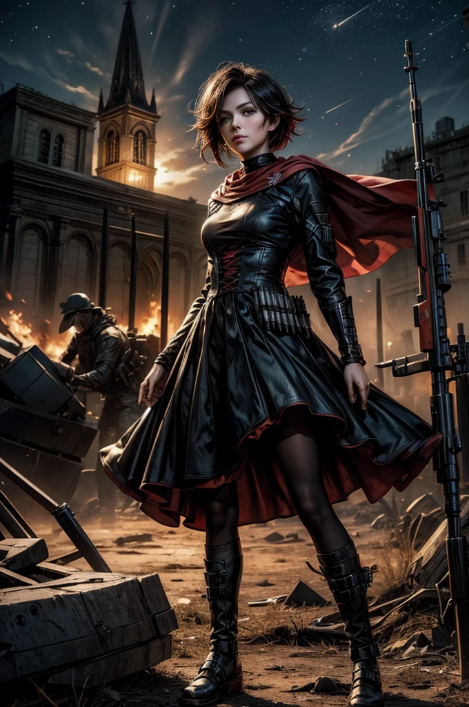 (masterpiece, best quality:1.2), cowboy shot, solo, dynamic pose, 1girl, ruby rose, grin, looking at viewer, arms behind back, black dress, long sleeves, red cape, pantyhose, standing, in deserted, church, bonfires, debris, dusty old furniture, crowd with rifles searching, (crowd in military uniforms), night, stars, closed mouth, serious look, serious expression, post-apocalypse, dystopian future