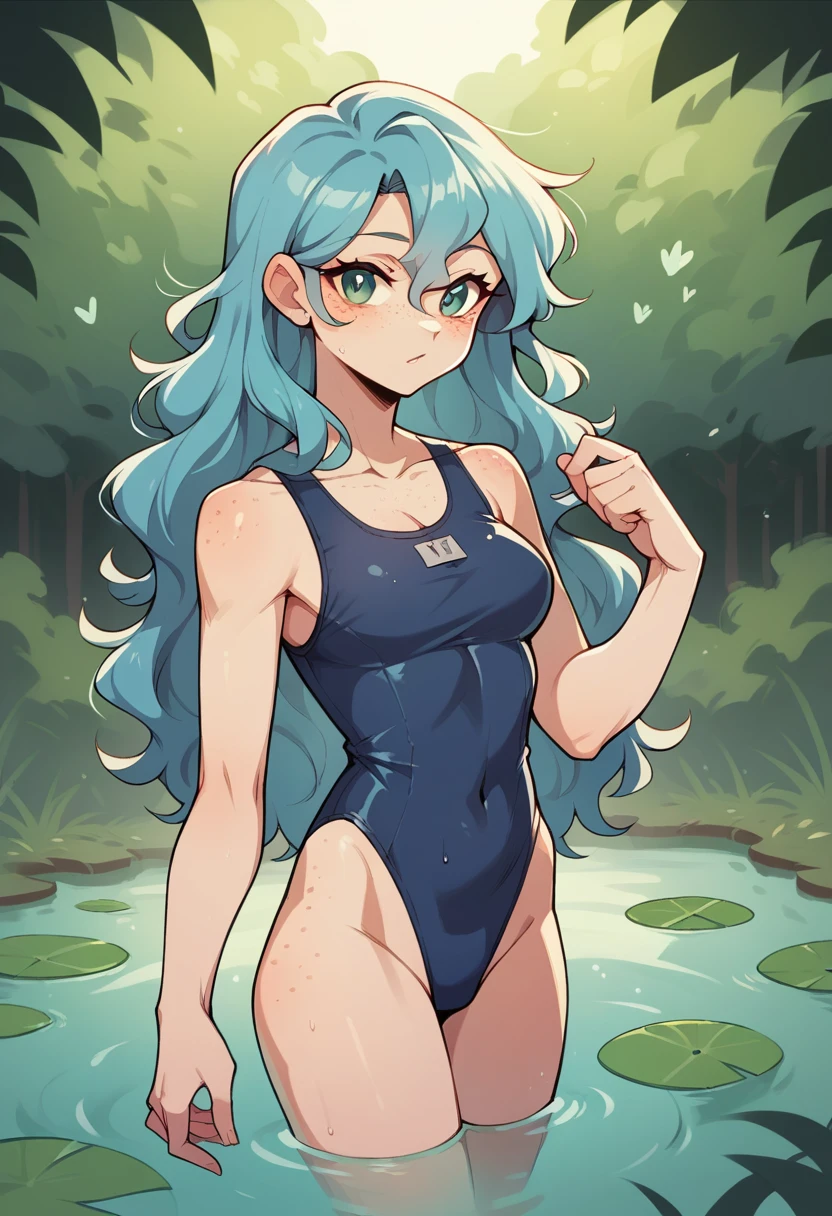 slim adult deer girl with wavy hair, with freckles on the brim of her noes, in a blue one-piece swimsuit, standing next to a pond,