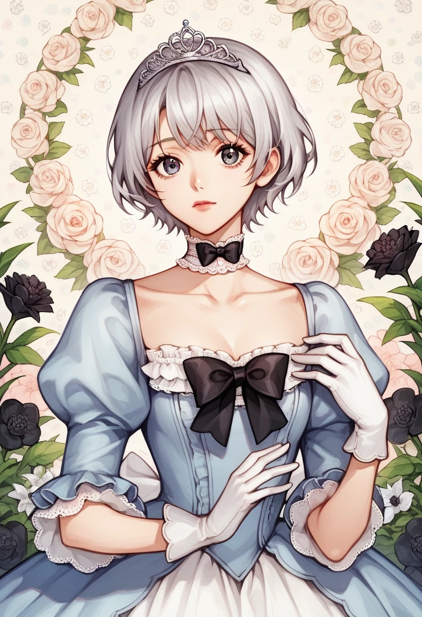 score_9, score_8_up, score_7_up, 1girl,(floral background), romance manhwa, 1girl, solo, big eyes, short hair, flower, dress, tiara, white dress, gloves, long sleeves, choker, mascara, makeup, white gloves, black bow, black flower, bow, jewelry, looking at viewer, collarbone, puffy sleeves, silver accessories, upper body, bangs, blue dress, frills, closed mouth,