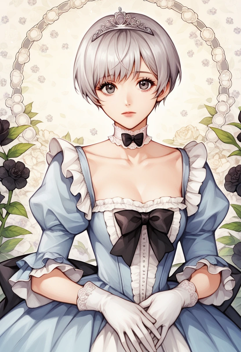 score_9, score_8_up, score_7_up, 1girl,(floral background), romance manhwa, 1girl, solo, big eyes, short hair, flower, dress, tiara, white dress, gloves, long sleeves, choker, mascara, makeup, white gloves, black bow, black flower, bow, jewelry, looking at viewer, collarbone, puffy sleeves, silver accessories, upper body, bangs, blue dress, frills, closed mouth,