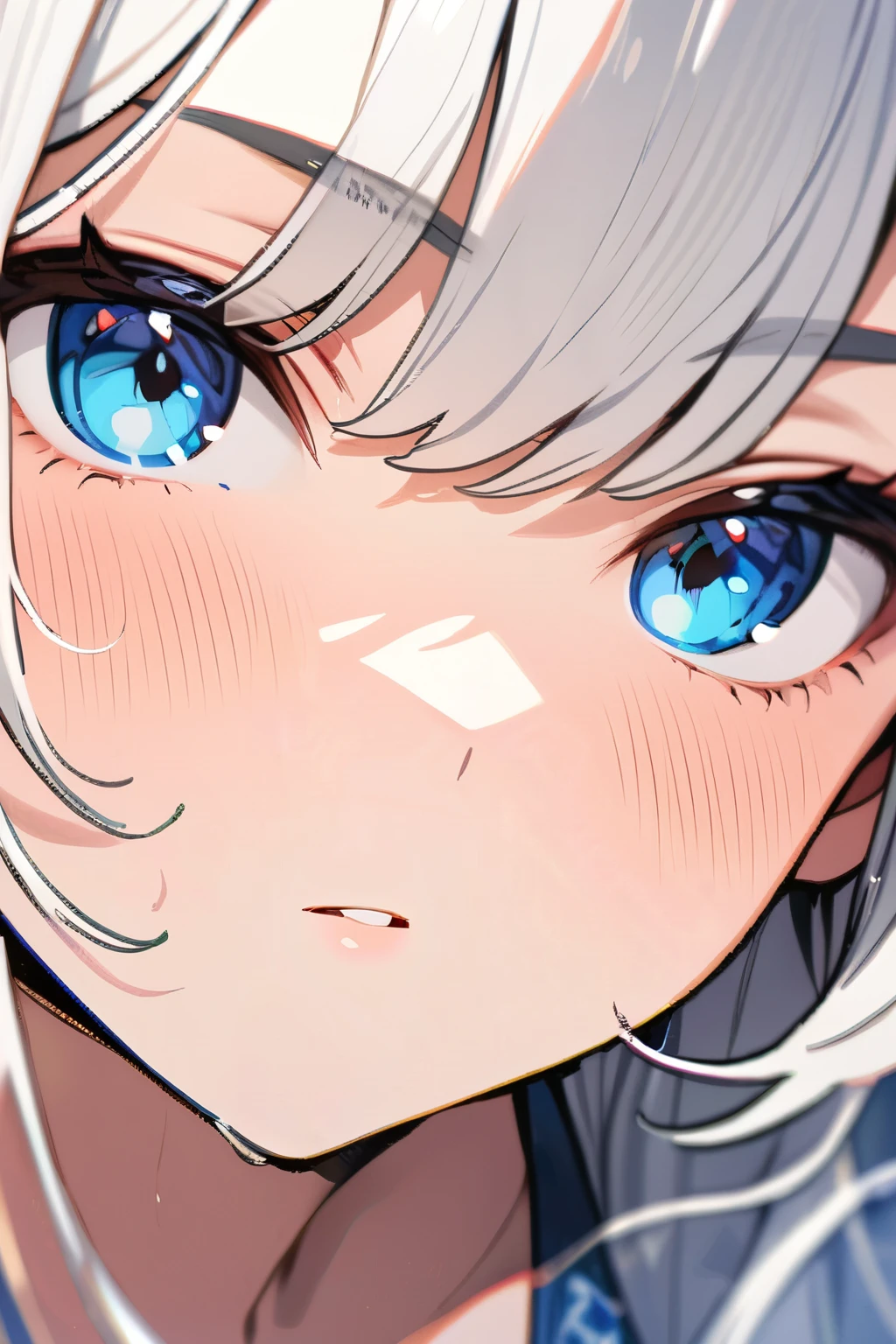 Masterpiece, Best quality, Beautiful girl, Beautiful face, Close-up of face, White hair, Beautiful eyes, Blue eyes, Swimsuit,
