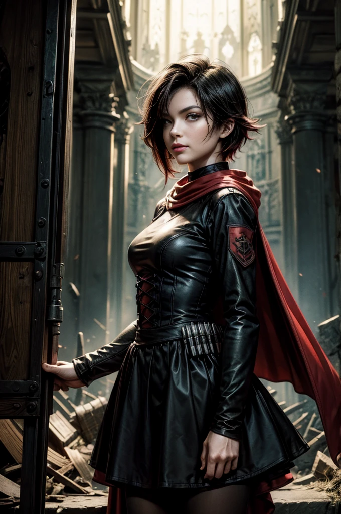 (masterpiece, best quality:1.2), cowboy shot, solo, dynamic pose, 1girl, ruby rose, grin, looking at viewer, arms behind back, black dress, long sleeves, red cape, pantyhose, standing, in deserted, church, bonfires, debris, dusty old furniture, crowd with rifles searching, (crowd in military uniforms), night, stars, closed mouth, serious look, serious expression, post-apocalypse, dystopian future