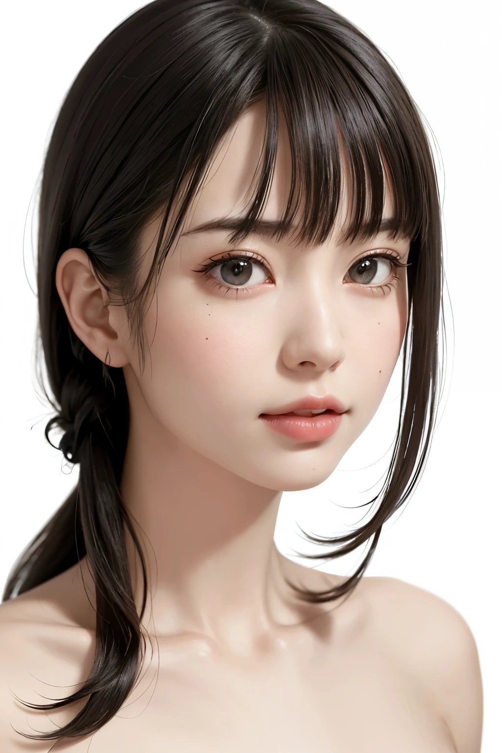 ((masterpiece, Highest quality, High resolution、Everything is beautifully detailed)), One Girl, (Realistic: 1.4), alone, White Background, snow-White Background, ((From above, A little above, look up at the viewer, look up, look up at the camera, Looking into the camera)), Mouth closed, smile, smile, smile, Beautiful black hair, bangsのあるショートヘア, Big eyes, Transparent double eyelids, eyelash, Listen carefully, Beautiful long neck, Absolute area, (Draw the whole head, shoulder), 19 years old, Attractive proportions, Glowing Skin, Beautiful clavicle, Golden ratio face, Perfect Face, Tearful mole, chestのほくろ, bangs, clean bangs, Lip gloss, Thin lips, Fair skin, naked, Big Breasts, Small face, Small face, Draw the whole head, draw all shoulder,Huge chest. Great chest、{huge|big|hugeな|Mega} chest, chestの谷間