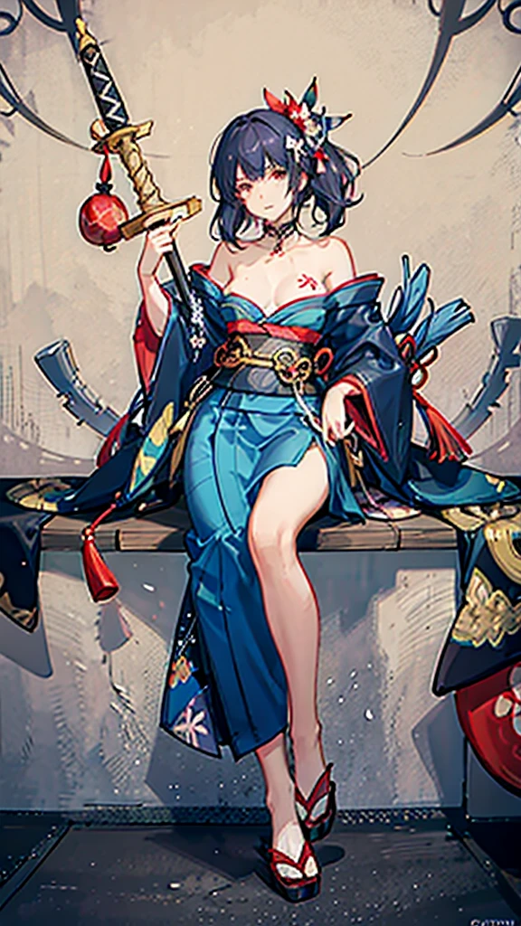 ((roll up bandage sideways on a chest tightly to cover the chest without gaps)), bandage samweways, the bantage is no chest shape, flat chest, ((Japanese Gangster BOSS)), adult woman with the dignified presence, Killing Qi, wear nothing around shoulder, wear nothing around neck, wear the kimono, wear it below the waist, (I wind it up to control it, and to attach it), ((kimono come off)) ,wear the kimono multiple times, Bare shoulders and the clavicle, black and gold kimono, put on over jacket of kimono, (holding a japanese sword which shine in purple, The handole of the sword is black, and the blade is gray, long sword), eye fire, low angle, whole body, bandage is seen, anime character, Glaring, off sholder, nappropriate smile, Excellent, black blue hair, can see both shoulder, ((long kimono hem)), small face, ((some cherry blossam big tattoo on the arm)),((Sit with your legs folded)), ((background Japanese gate with circlr mark)),Muscular,drink sake,fullmoon in the sky, hide legs, The kimono is spreading,(((ultra-detailed)))