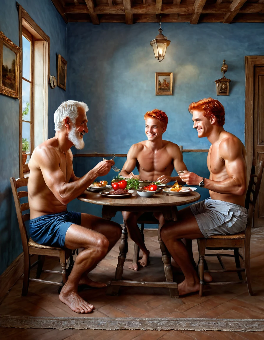 in oil painting romanticism and realism style, full body of a young man having dinner with an old man and an old woman in a simple dining room humble look and smile, shirtless barefoot wearing shorts,  environment of wealth and power, very detailed scene. Red hair, blue eyes, maximum male beauty perfect symmetrical body, slim muscular, focus on the details of your body,