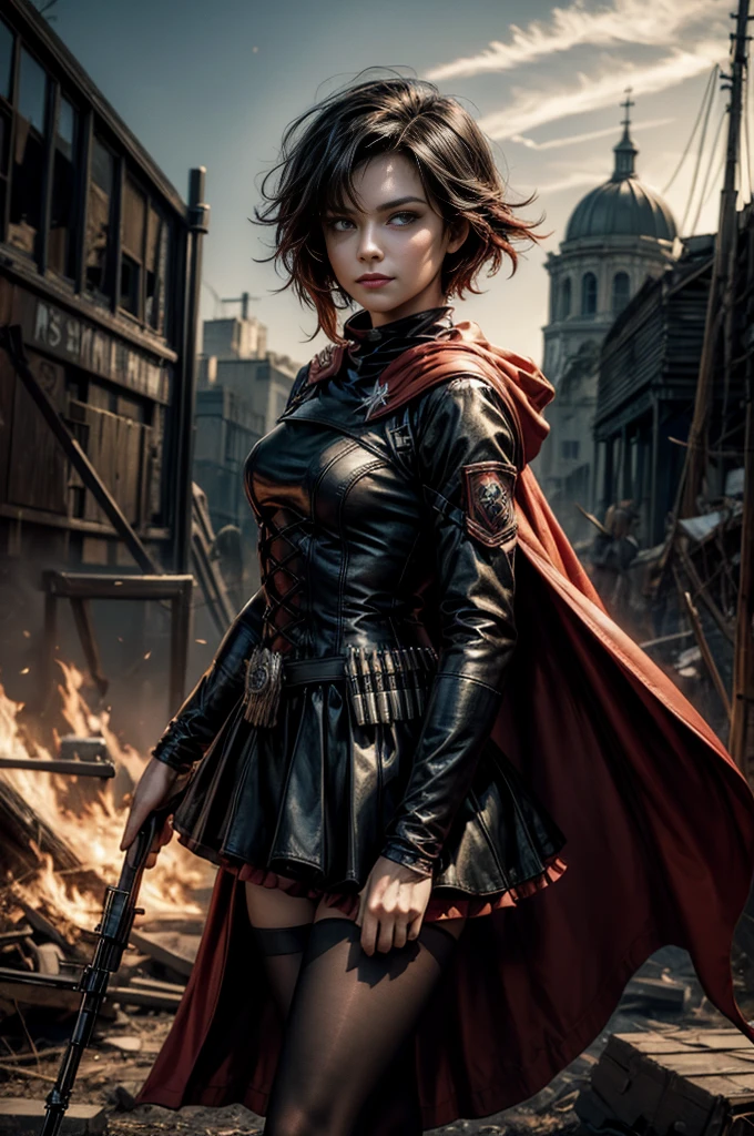 (masterpiece, best quality:1.2), cowboy shot, solo, dynamic pose, 1girl, ruby rose, grin, looking at viewer, arms behind back, black dress, long sleeves, red cape, pantyhose, standing, in deserted, church, bonfires, debris, dusty old furniture, crowd with rifles searching, (crowd in military uniforms), night, stars, closed mouth, serious look, serious expression, post-apocalypse, dystopian future