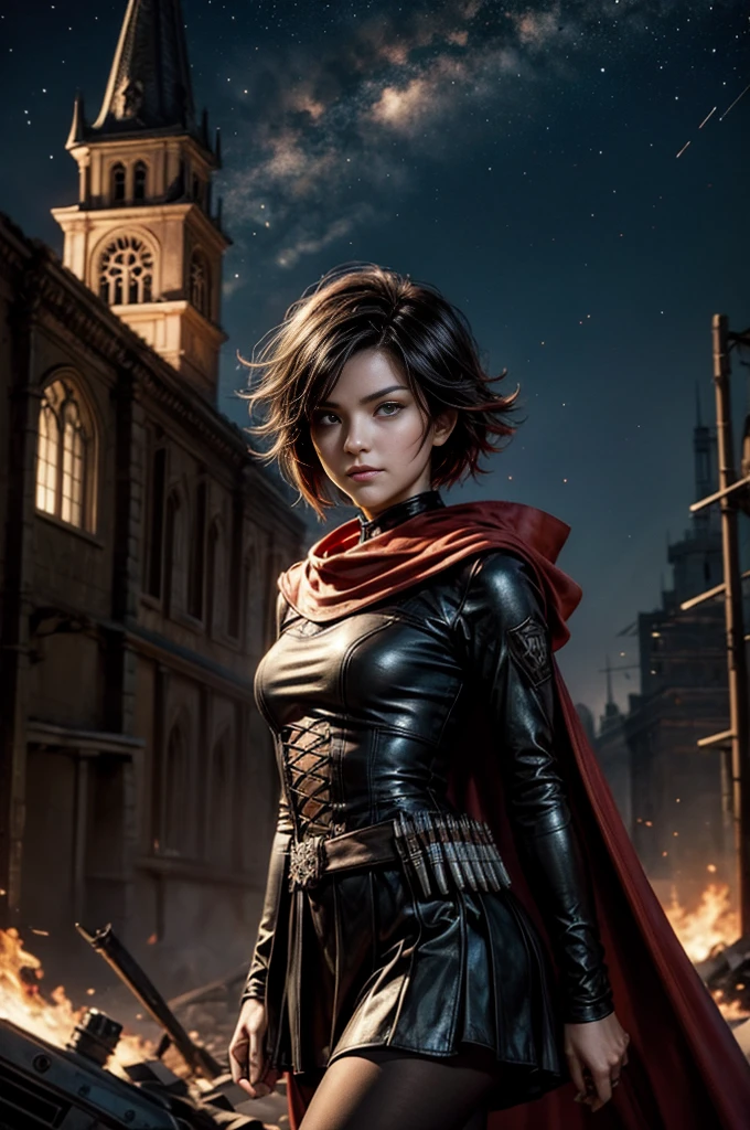 (masterpiece, best quality:1.2), cowboy shot, solo, dynamic pose, 1girl, ruby rose, grin, looking at viewer, arms behind back, black dress, long sleeves, red cape, pantyhose, standing, in deserted, church, bonfires, debris, dusty old furniture, crowd with rifles searching, (crowd in military uniforms), night, stars, closed mouth, serious look, serious expression, post-apocalypse, dystopian future