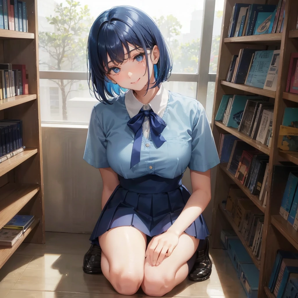 1. High school girl 17-year-old female Bobcut dark blue hair color High School Uniform Light blue Y-shirt Short sleeve Blue Ribbon dark blue hair color Slim figure Large Breasts Full body portrait School library Smiling Kindly Laugh a little library Hand Signs squat Kneel Look up here