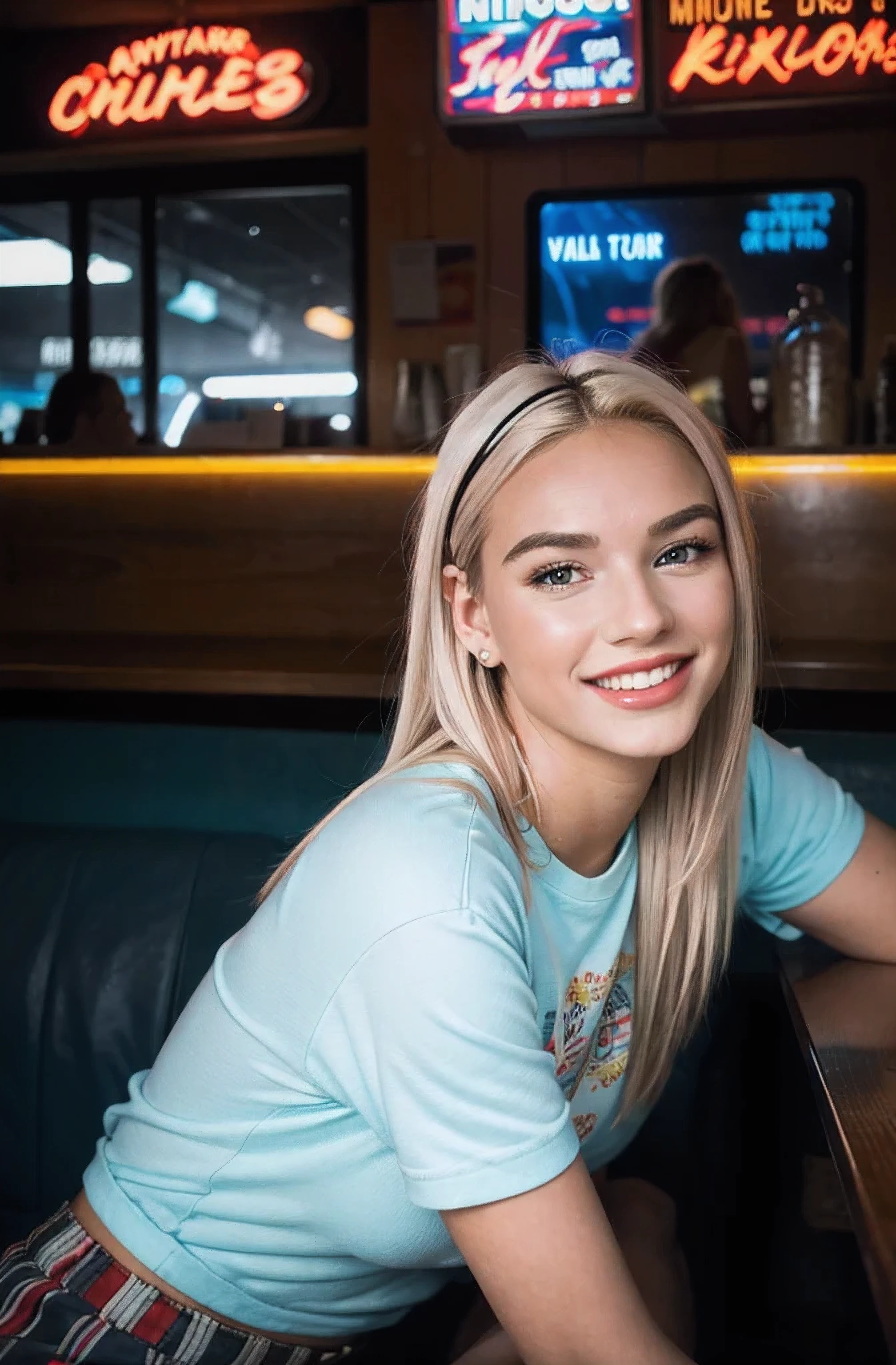 a young woman with blonde hair, smiling, happy, wearing a nice shirt, tattoos on her arms, sitting in a 1950s diner, street photography, photorealistic, high resolution, hyperdetailed, vibrant colors, dramatic lighting, dynamic composition, cinematic angle, natural skin tones, intricate details, warm atmosphere, nostalgic mood, vintage aesthetic, film grain effect