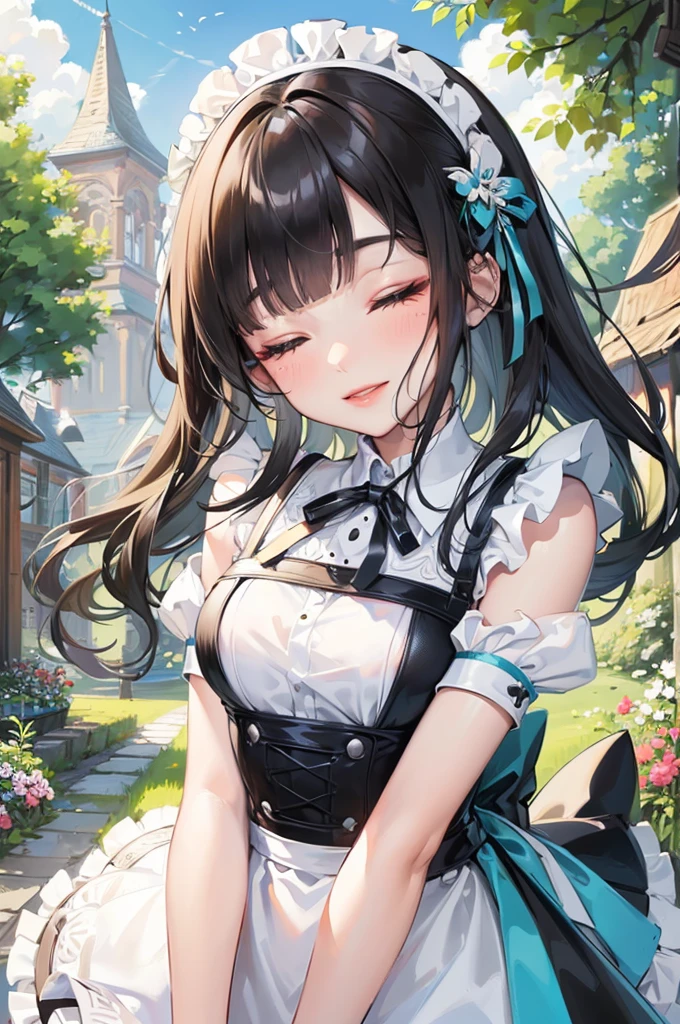 (beautiful style), (pov, solo:2, 15 yo), (beautiful detailed blunt bangs:1.2) (beautiful detailed black hair, long hair) (best sexy shrine girl, best sexy closed eyes, glossy lip, best grow smile:1.1), in a immensely beautiful summer maid dress, break, in the beautiful enchanted garden, background beautiful summer sky, BREAK, perfect anatomy, masterpiece, best quality, beautiful detailed pastel color, daydreaming expression.
