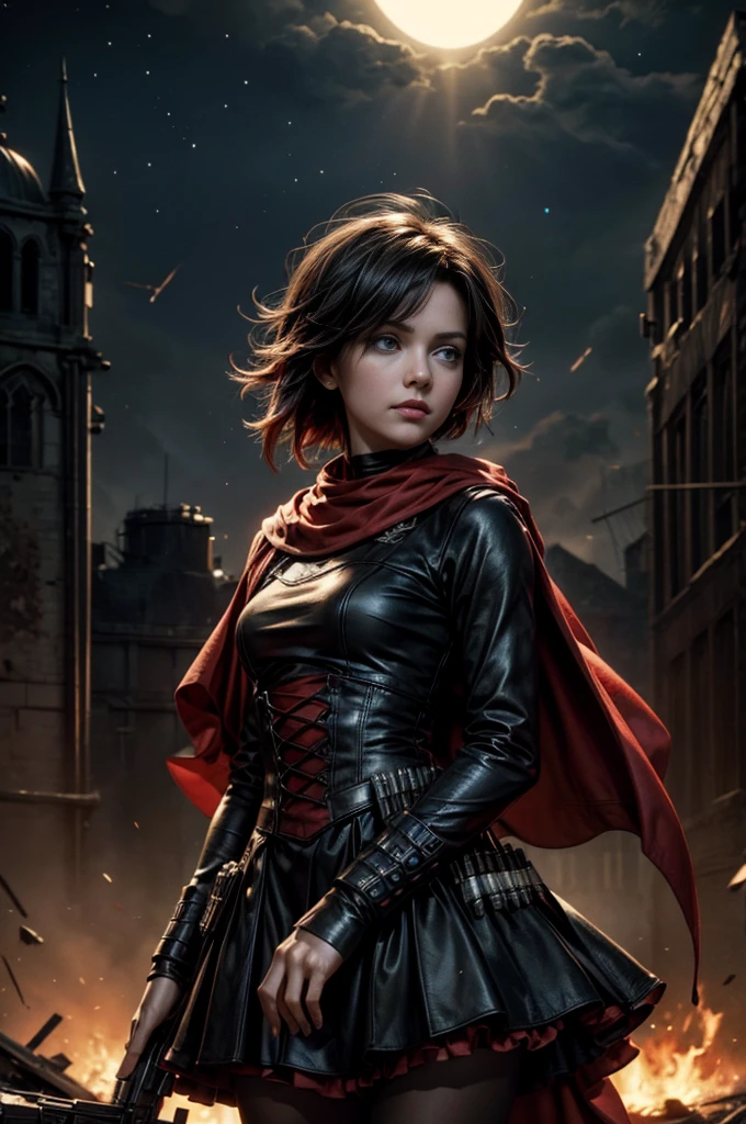 (masterpiece, best quality:1.2), cowboy shot, solo, dynamic pose, 1girl, ruby rose, grin, looking at viewer, arms behind back, black dress, long sleeves, red cape, pantyhose, standing, in deserted, church, bonfires, debris, dusty old furniture, crowd with rifles searching, (crowd in military uniforms), night, stars, closed mouth, serious look, serious expression, post-apocalypse, dystopian future