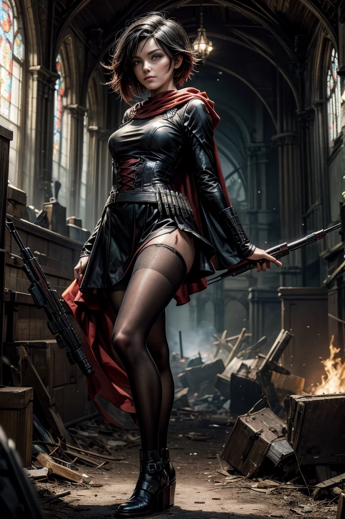 (masterpiece, best quality:1.2), cowboy shot, solo, dynamic pose, 1girl, ruby rose, grin, looking at viewer, arms behind back, black dress, long sleeves, red cape, pantyhose, standing, in deserted, church, bonfires, debris, dusty old furniture, crowd with rifles searching, (crowd in military uniforms), night, stars, closed mouth, serious look, serious expression, post-apocalypse, dystopian future