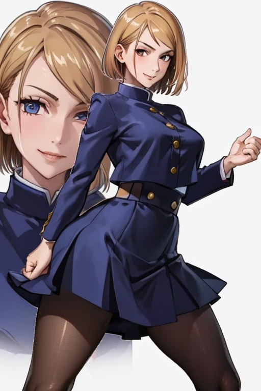 1 girl, Nobara Kugisaki, standing alone, shorth hair, hair orange, eyes browns, perfects eyes, High-waisted Skirt, pretentious smile, black tights, hourglass figure, blue skirt, high collar, Hair behind the ear, Blue jacket, fully body, looking at the observer, (​masterpiece), best qualityer, highly detailed background, ((shining skin, shining skin, skin detailed))