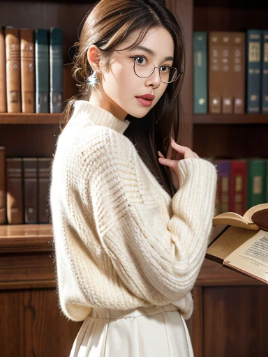   (8k, RAW photo, best quality, masterpiece), (photo realistic), outstanding details, ultra-high resolution, anatomically correct, textured skin, 

(cowboy shot:1.4),  from side angel, wide angel, 
A female librarian arranging books in the library, A cute 30-year-old Japanese woman, 

 (fearless smile:0.1), 
(Downturned Eyes:1.6), pupils sparkling, Cute and small duck mouth, small and cute nose, thin lips, thin eyebrows, 
 (lower chignon), short hair,　dark brown hair, Forehead, 
beautiful Earrings, Necklace, half rim glasses,
off-white summer sweater, brown semi long skirt, 

(background Spacious library interior, bookshelves), 
atmospheric perspective, depth of field, 
(backlighting), 
reflection light from below, 
(dramatic lighting), cinematic lighting,  animated expression,