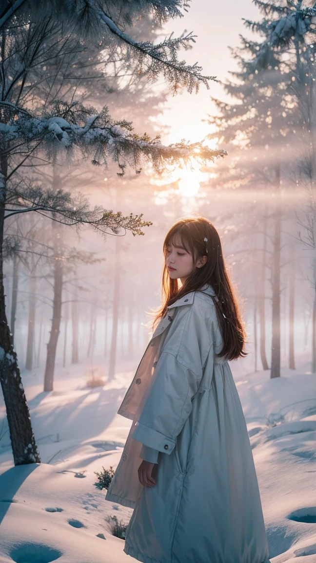 Realistic photos, ソニーA7IVで20mm GマスターレンズをF1の広い絞りに設定して撮Shadowしたシーン.5 Unforgettable beauty unfolds, superior 400, Professional Lighting, Bokeh, Depth of written boundary, Shadow, Bright light, granular, Very detailed, Bright high contrast light, sunset, Stunning Magical Night Colours, Thick Fog, Foggy, Dummy Color, White Forest Girl, snow, Peaceful and eerie, girl facing forward, Everything quickly fades into a white background, The atmosphere is quiet, calm and peaceful, deeply、Evoke emotions,