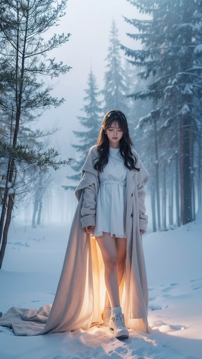 Realistic photos, ソニーA7IVで20mm GマスターレンズをF1の広い絞りに設定して撮Shadowしたシーン.5 Unforgettable beauty unfolds, superior 400, Professional Lighting, Bokeh, Depth of written boundary, Shadow, Bright light, granular, Very detailed, Bright high contrast light, sunset, Stunning Magical Night Colours, Thick Fog, Foggy, Dummy Color, White Forest Girl, snow, Peaceful and eerie, girl facing forward, Everything quickly fades into a white background, The atmosphere is quiet, calm and peaceful, deeply、Evoke emotions,
