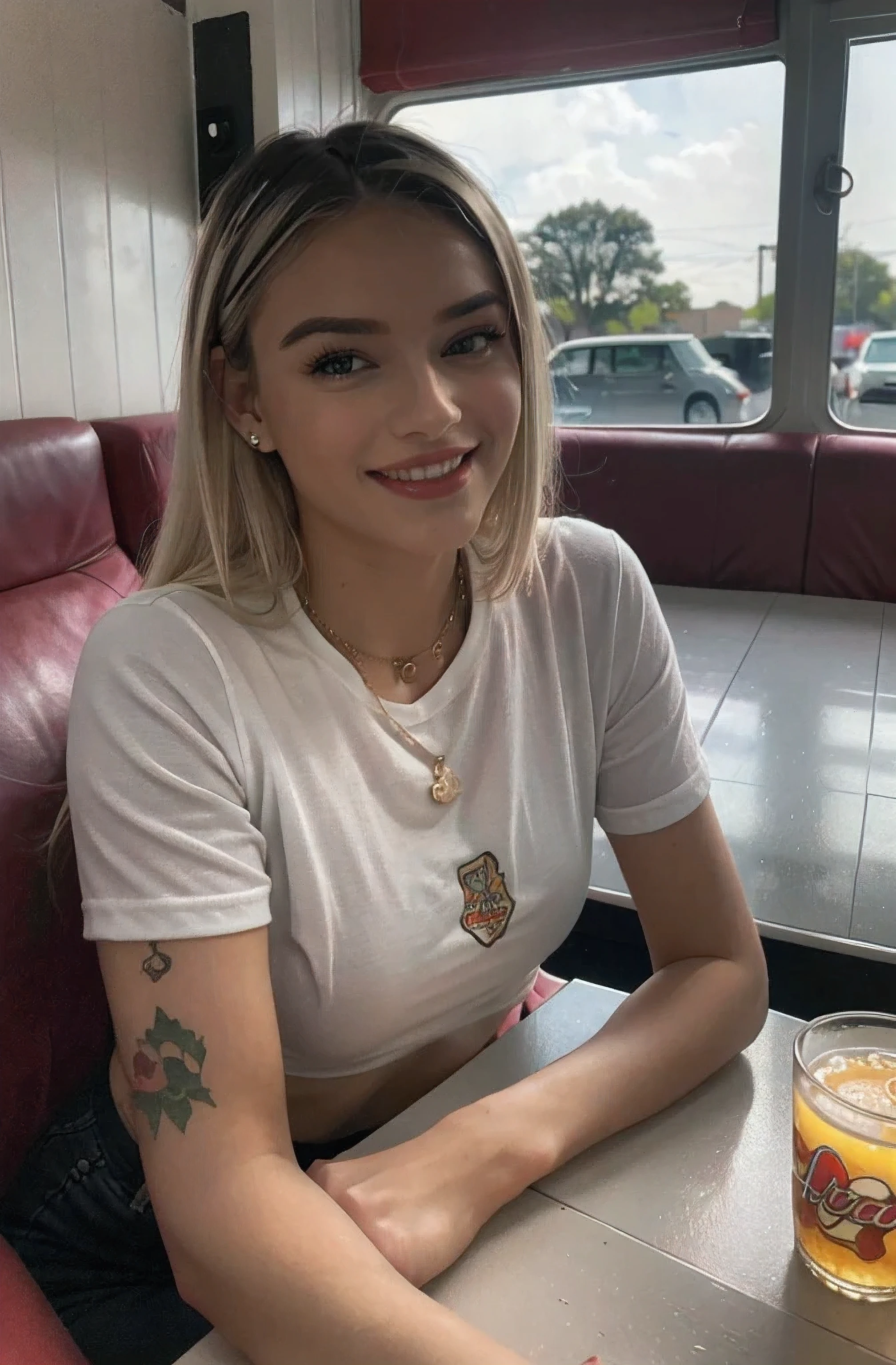 a young woman with blonde hair, smiling, happy, wearing a nice shirt, tattoos on her arms, sitting in a 1950s diner, street photography, photorealistic, high resolution, hyperdetailed, vibrant colors, dramatic lighting, dynamic composition, cinematic angle, natural skin tones, intricate details, warm atmosphere, nostalgic mood, vintage aesthetic, film grain effect