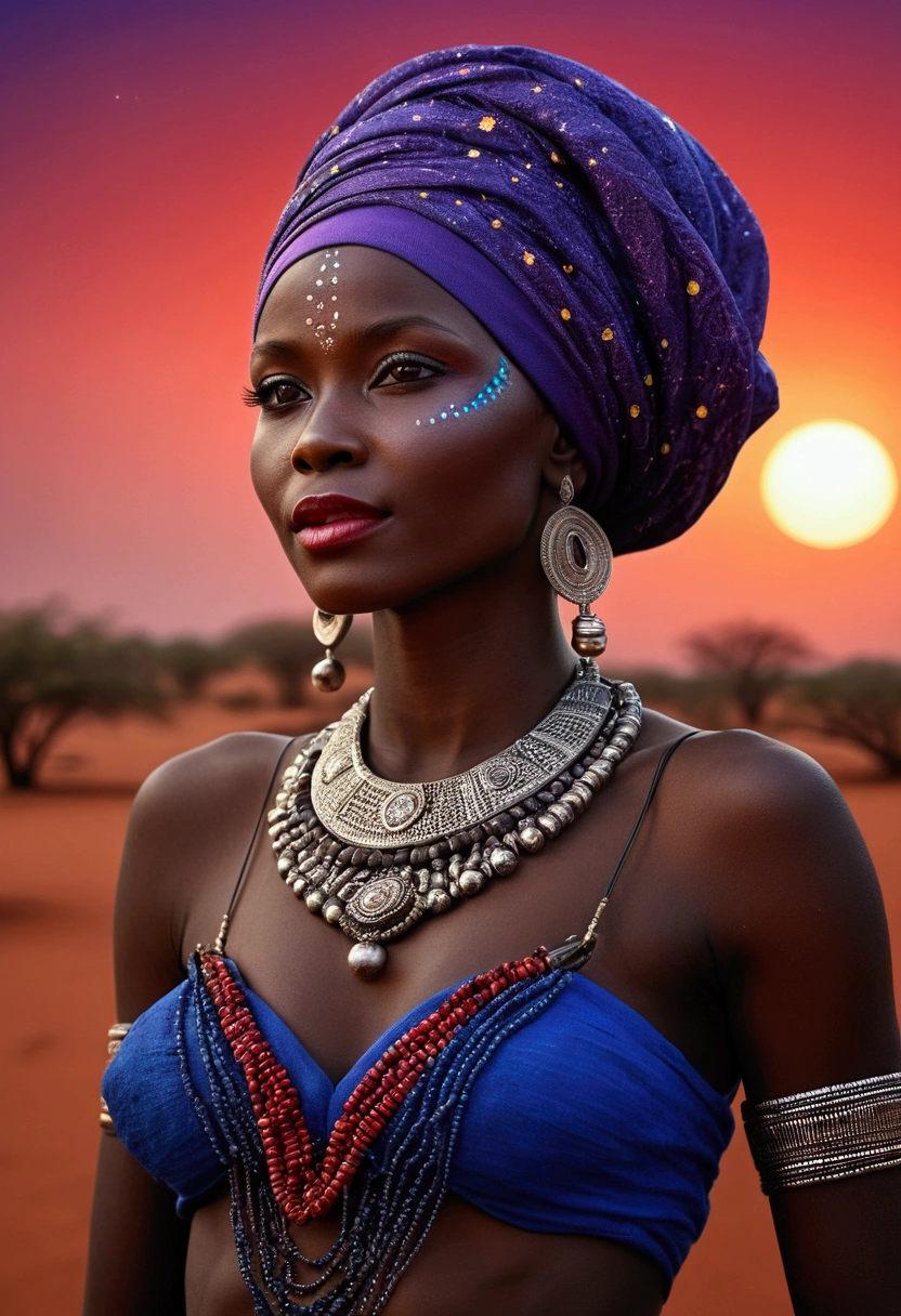 African tribe woman, work of art, Against the backdrop of the savannah, Warm sunset, hyperrealisti, Very dark skin, no profile, real photografic, portraits of a, American design headdress in the Texas desert, surrounded by sand dust splashindlg, sand dune in the background, night with glowing sand particles illuminating the scene, style artgerm, 32 mil, ultra HD, unreal mechanism rendered, imagem hyperrealisti, camara canon r6 objetivo 100mm 2.8f portrait 30 years old, diamond face, red starry sky background, Depth of field, magie, big red lips, ((dark and black eyes)) dress well, Thorax medium and covered with ornaments, mystical atmosphere, menacing shadows, intense blue aura, Intense red aura (best qualityer:1.2), absurderes, details Intricate, (highly detailed skin:1.2), smile expression, posando, tense and well-defined body, appealing. highly realistic, Brunette skin burned by the African sun, comely, Hyper-Realism, very elaborate skin, direct gaze, night sky, futurist, (work of art, ultra detaild, A high resolution) , I DON'T WANT HUMANS, There is a flow of energy, Very real scenario, clear shades of purple and blue, ultra details.