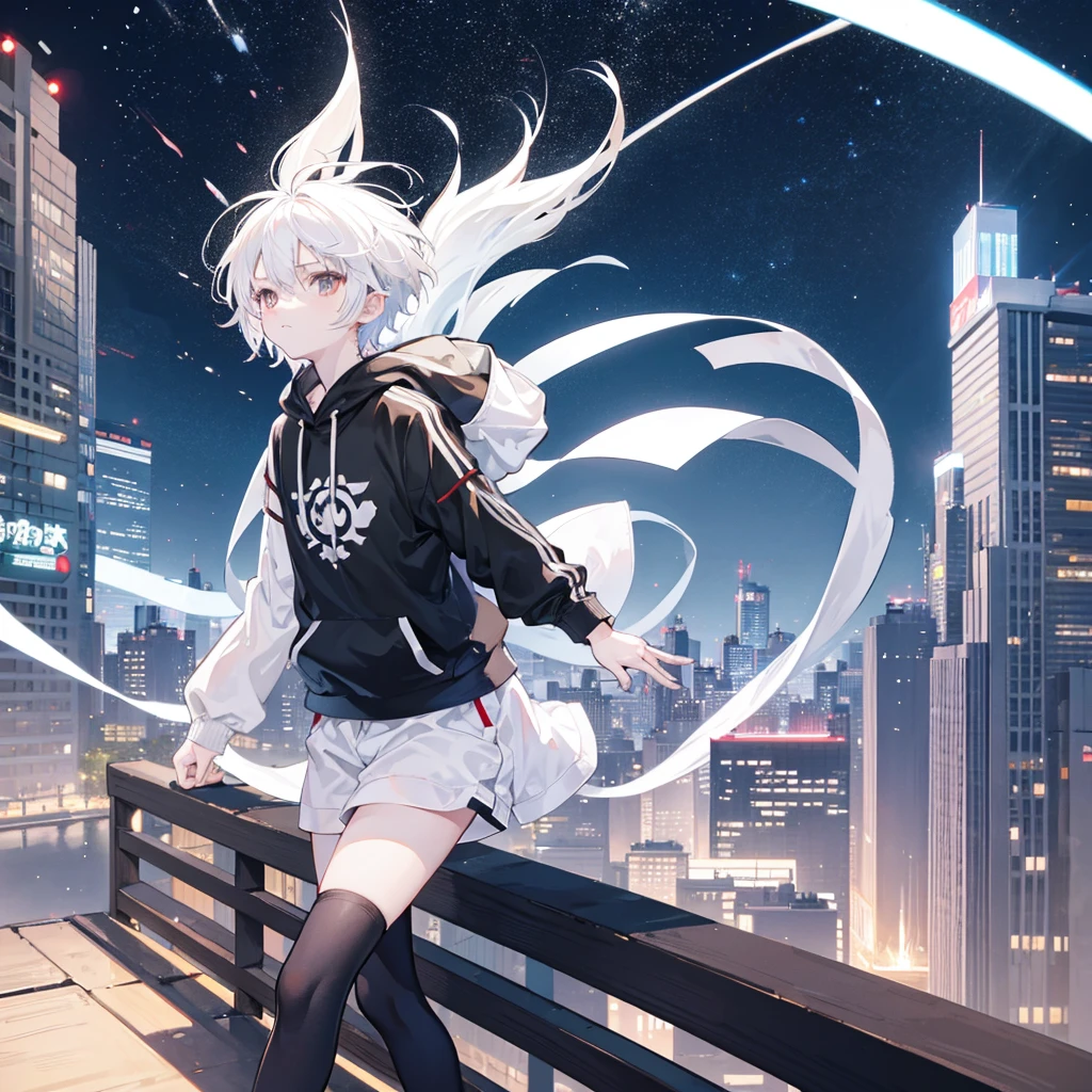 Anime boy, boy, white hair, short hair, in awe, with brown eyes, wearing a white contrast sleeve hoodie that has black sleeves, floating, looking at the viewpoint, in a urban area setting like a city
