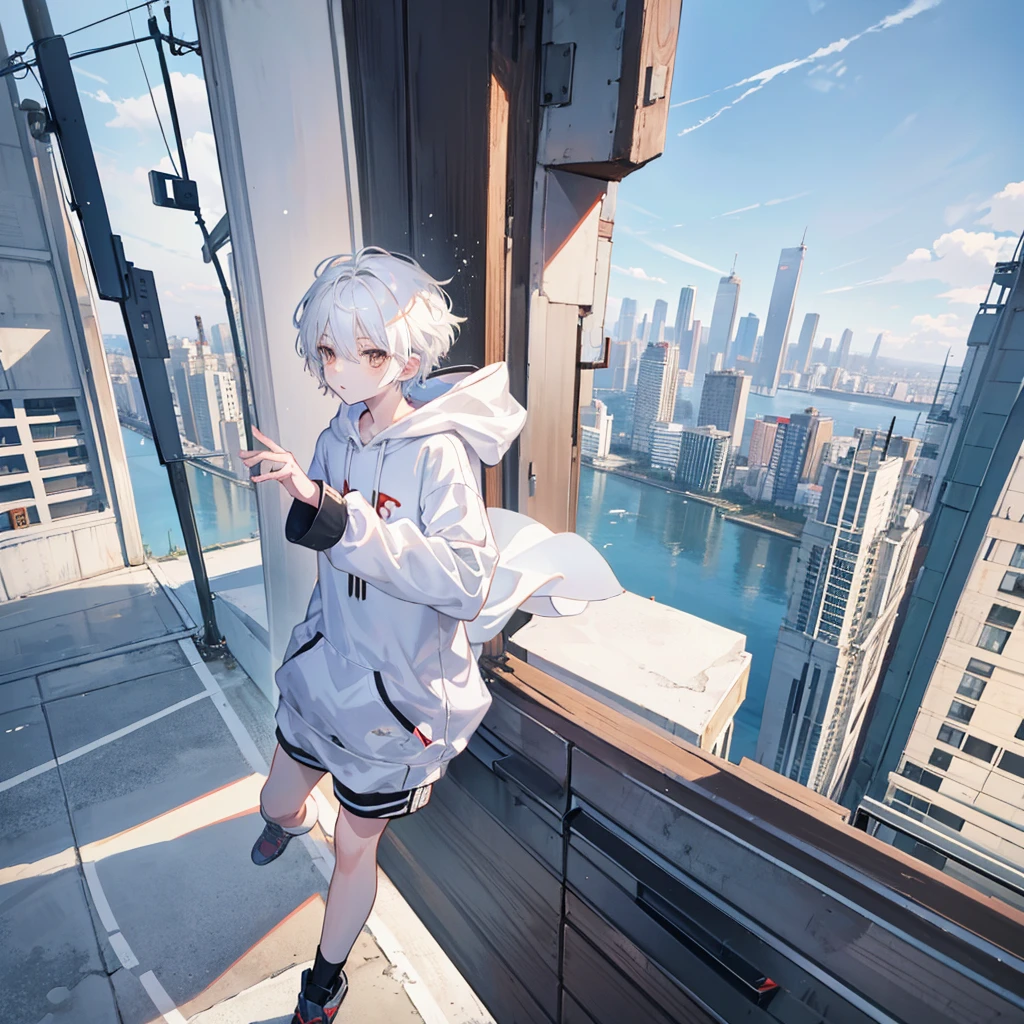 Anime boy, boy, white hair, short hair, in awe, with brown eyes, wearing a white contrast sleeve hoodie that has black sleeves, floating, looking at the viewpoint, in a urban area setting like a city