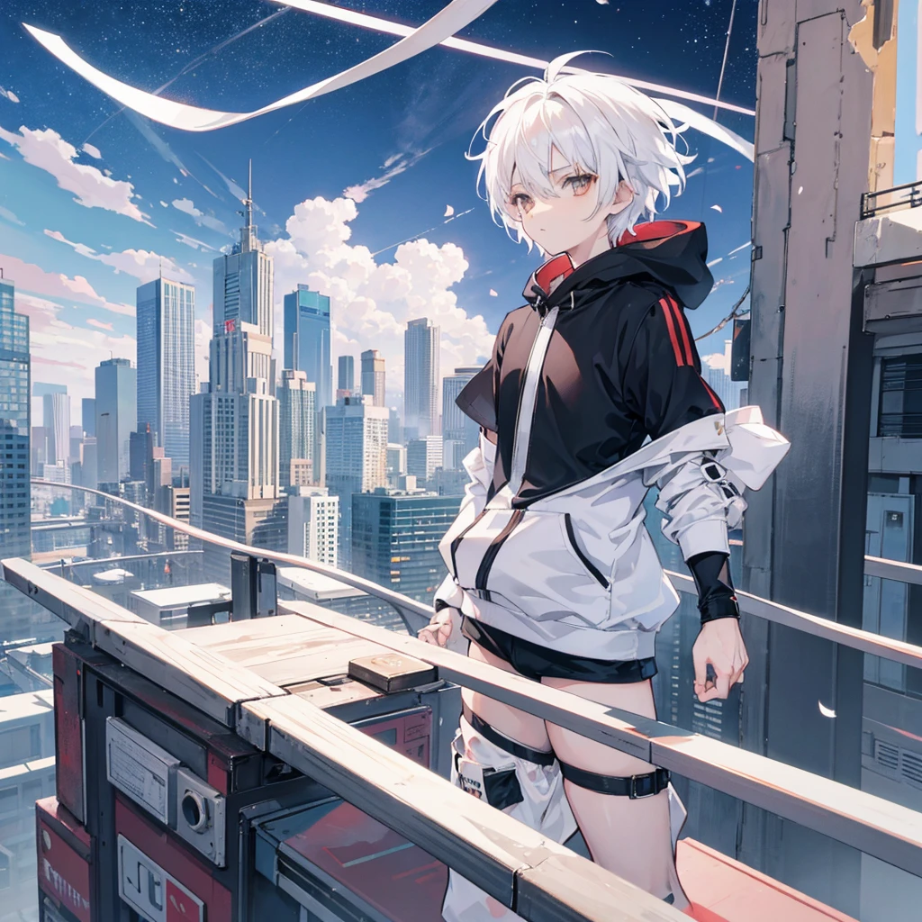 Anime boy, boy, white hair, short hair, in awe, with brown eyes, wearing a white contrast sleeve hoodie that has black sleeves, floating, looking at the viewpoint, in a urban area setting like a city