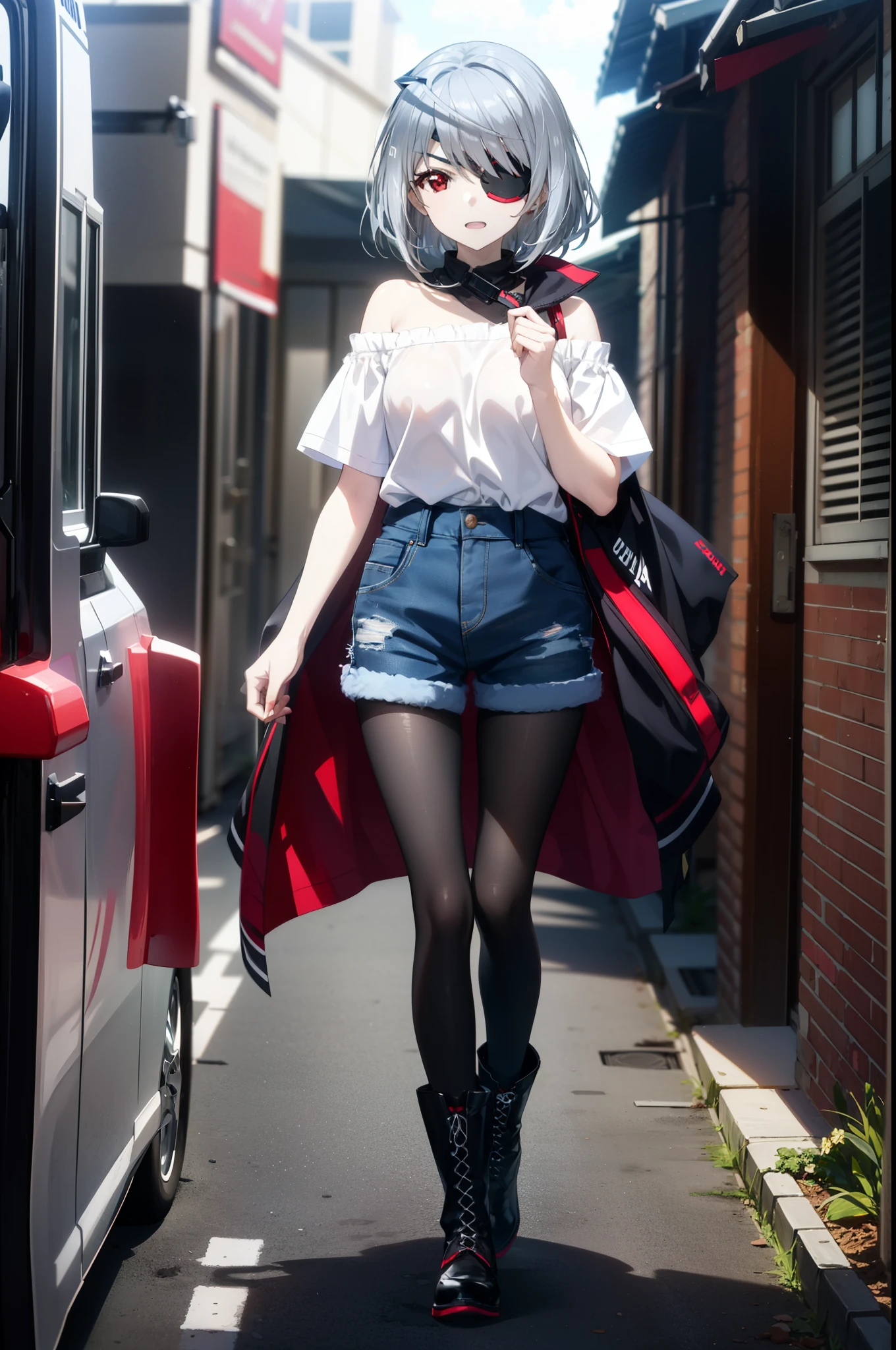 Laurabodewig, Laura Bodewig, Long Hair, (Red eyes:1.3), Grey Hair, Eye patch,smile,tooth,Open your mouth,Oversized one-shoulder shirt,Short sleeve,Shorts,Black pantyhose short boots,Walking,Daytime,Clear skies,whole bodyがイラストに入るように,
break outdoors, Building district,
break looking at viewer, whole body,
break (masterpiece:1.2), Highest quality, High resolution, unity 8k wallpaper, (figure:0.8), (Beautiful attention to detail:1.6), Highly detailed face, Perfect lighting, Highly detailed CG, (Perfect hands, Perfect Anatomy),