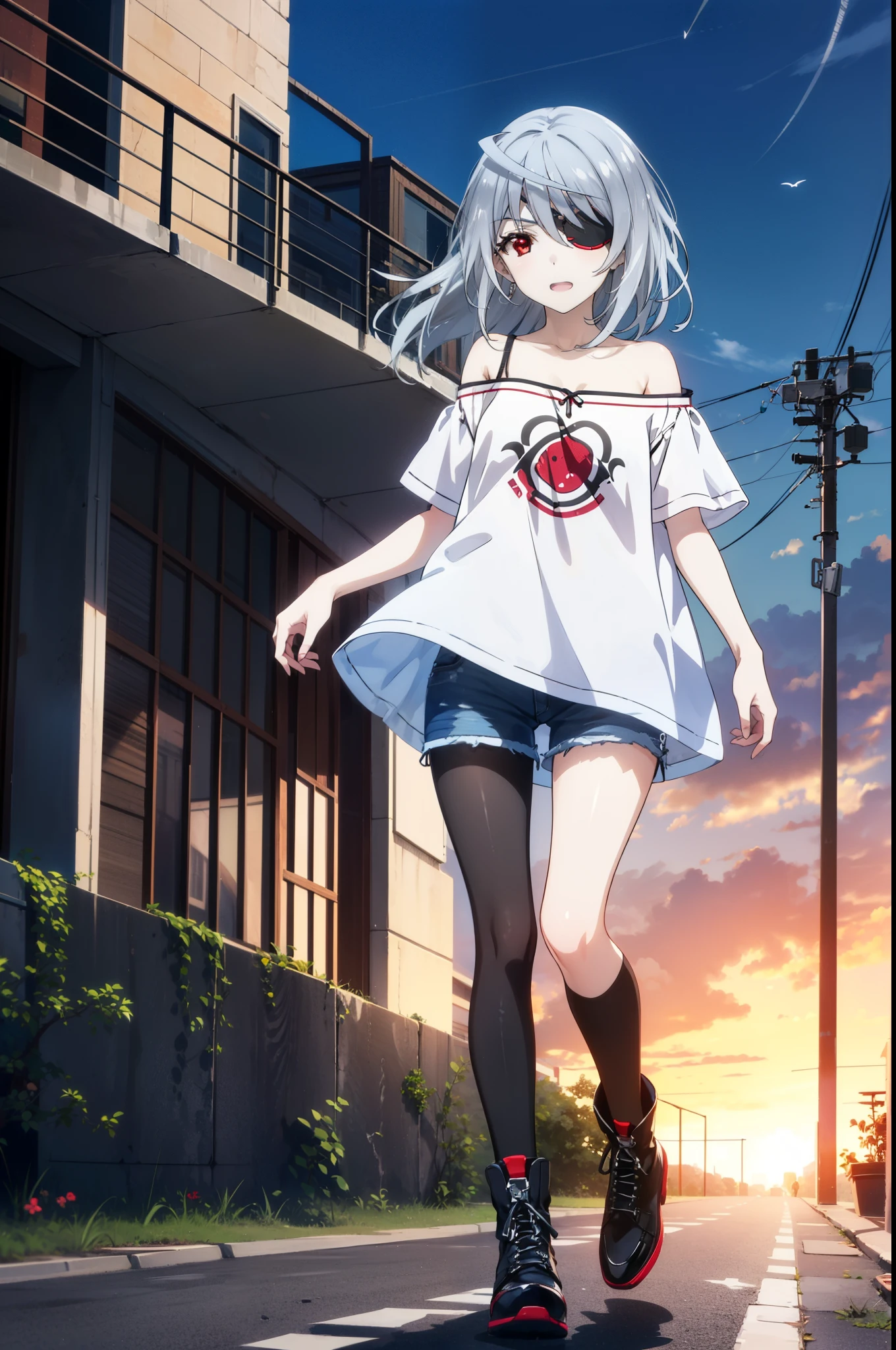 Laurabodewig, Laura Bodewig, Long Hair, (Red eyes:1.3), Grey Hair, Eye patch,smile,tooth,Open your mouth,Oversized one-shoulder shirt,Short sleeve,Shorts,Black pantyhose short boots,Walking,Daytime,Clear skies,whole bodyがイラストに入るように,
break outdoors, Building district,
break looking at viewer, whole body,
break (masterpiece:1.2), Highest quality, High resolution, unity 8k wallpaper, (figure:0.8), (Beautiful attention to detail:1.6), Highly detailed face, Perfect lighting, Highly detailed CG, (Perfect hands, Perfect Anatomy),