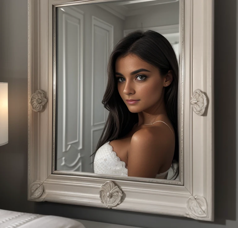 “Devant le grand miroir de sa chambre, éclairée par une lumière douce et diffuse, elle ajuste délicatement une bretelle de son soutien-gorge en dentelle noire. Sa peau douce et lisse contraste avec la texture délicate de la dentelle. Ses yeux, rehaussés par un maquillage subtil, captent la lumière et son regard intense est dirigé vers son reflet, reflétant une assurance inébranlable. Elle passe une main dans ses cheveux, se préparant pour une soirée privée 