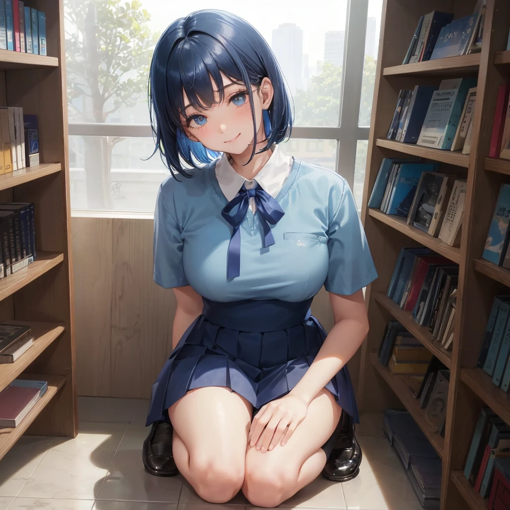 1. High school girl　17-year-old female　Bobcut　dark blue hair color　High School Uniform　Light blue Y-shirt　Short sleeve　Blue Ribbon　dark blue hair color　Slim figure　Large Breasts　Full body portrait　School library　Smiling Kindly　Laugh a little　library　Hand Signs　squat　Kneel　Look up here　