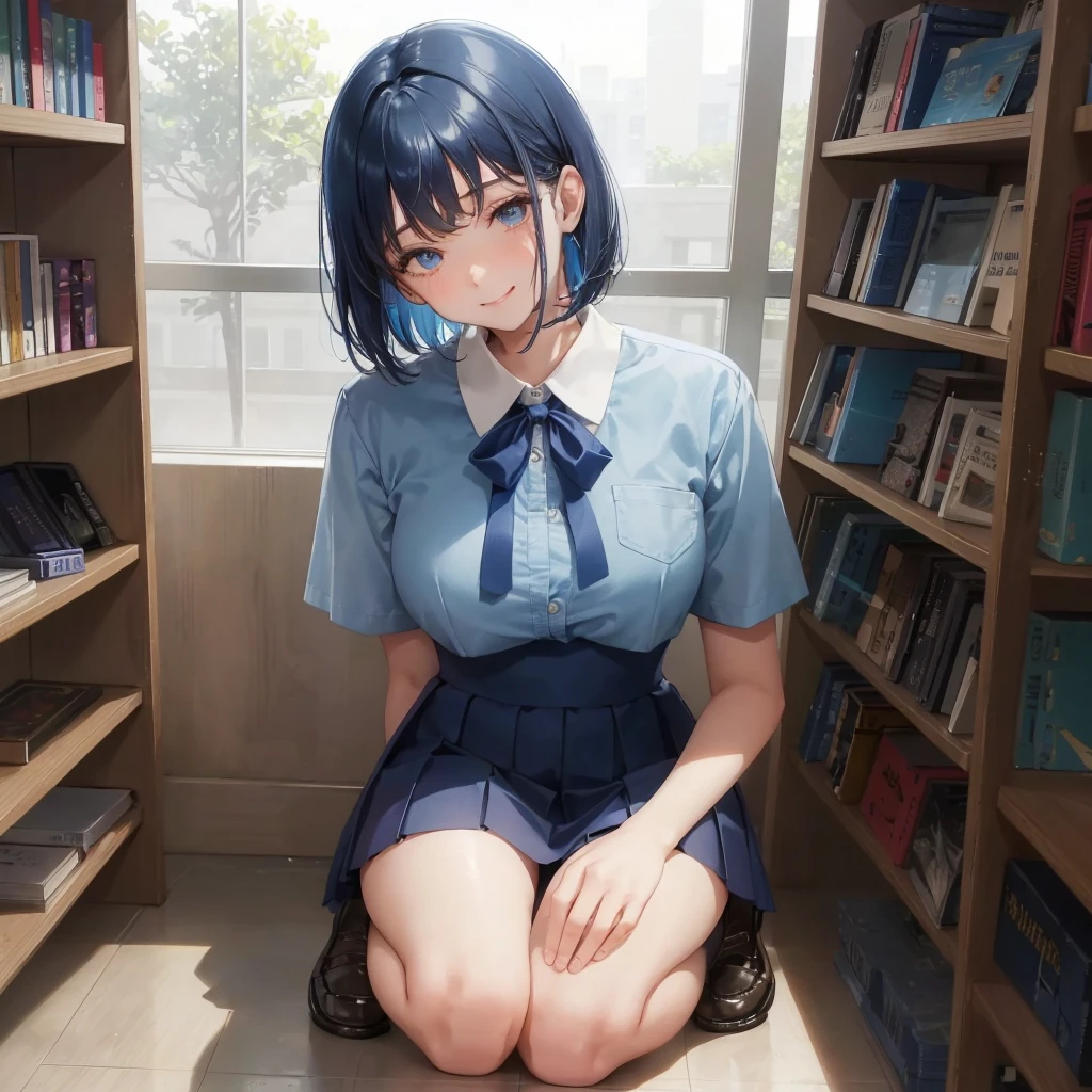 1. High school girl 17-year-old female Bobcut dark blue hair color High School Uniform Light blue Y-shirt Short sleeve Blue Ribbon dark blue hair color Slim figure Large Breasts Full body portrait School library Smiling Kindly Laugh a little library Hand Signs squat Kneel Look up here