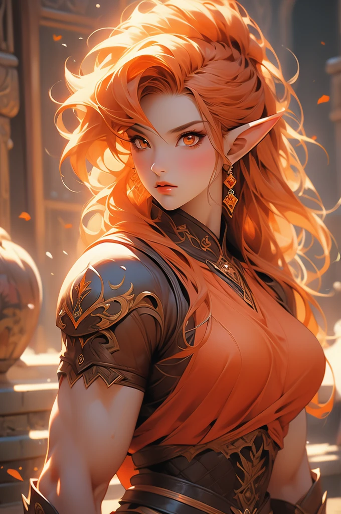 1girl, muscular, voluptuous, leather, elf, orange hair, orange eyes, mean