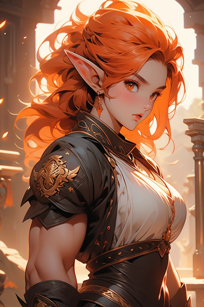 1girl, muscular, voluptuous, leather, elf, orange hair, orange eyes, mean