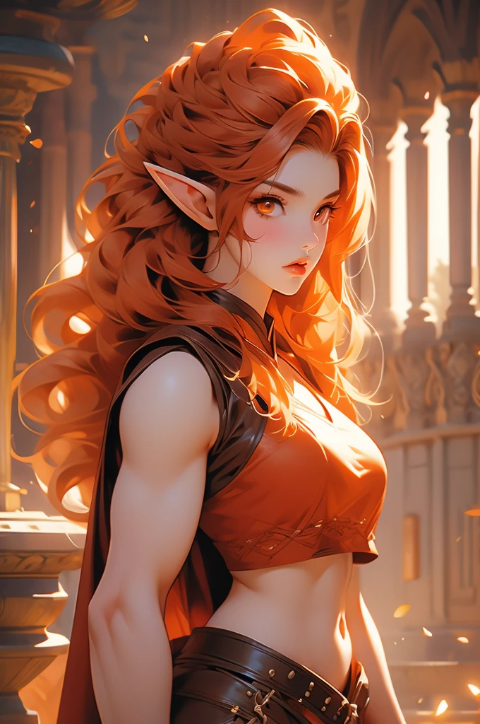 1girl, muscular, voluptuous, leather, elf, orange hair, orange eyes, mean